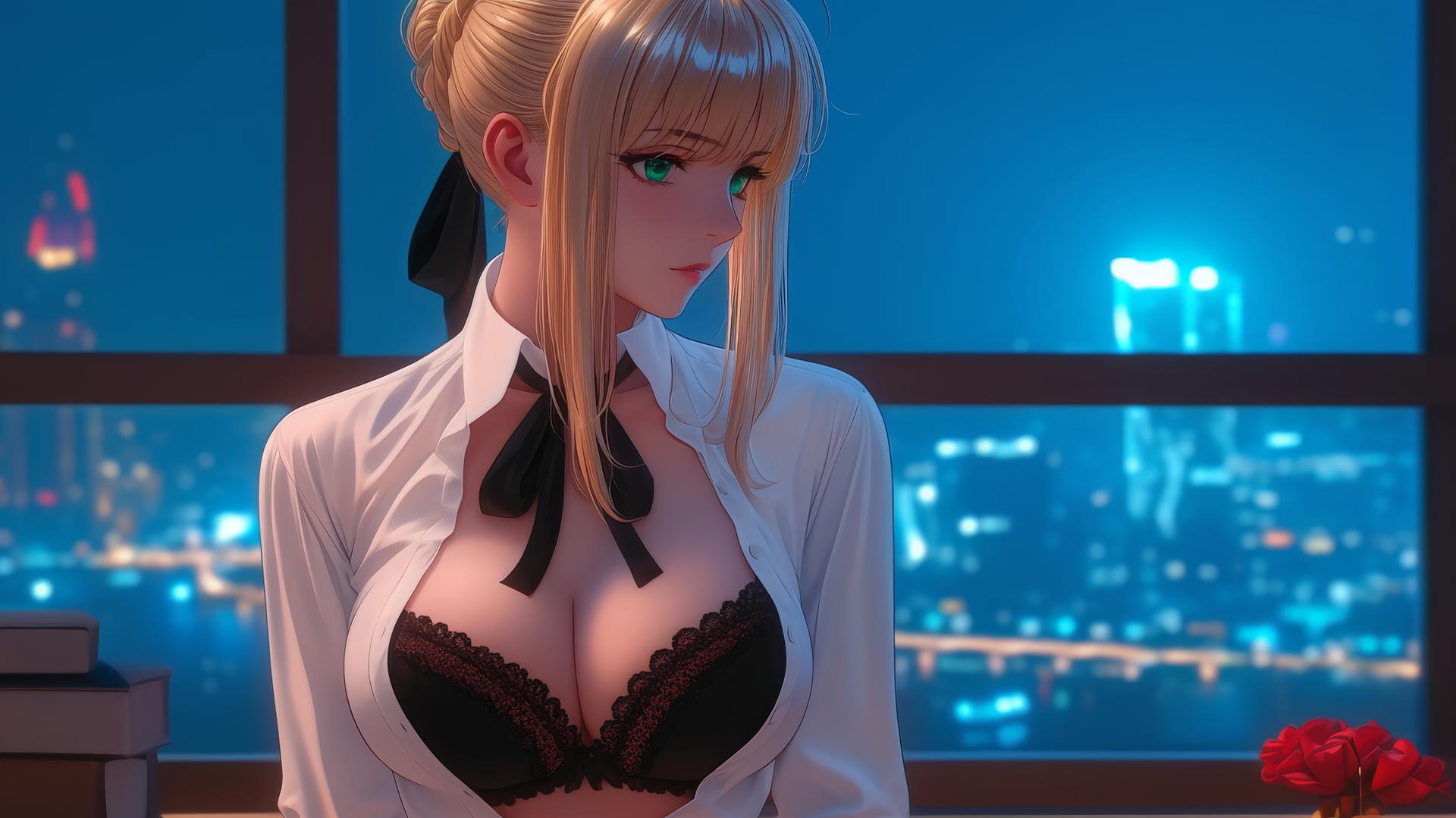 Saber from Fate Zero with green eyes, sitting in a modern hotel room with moonlight glow.