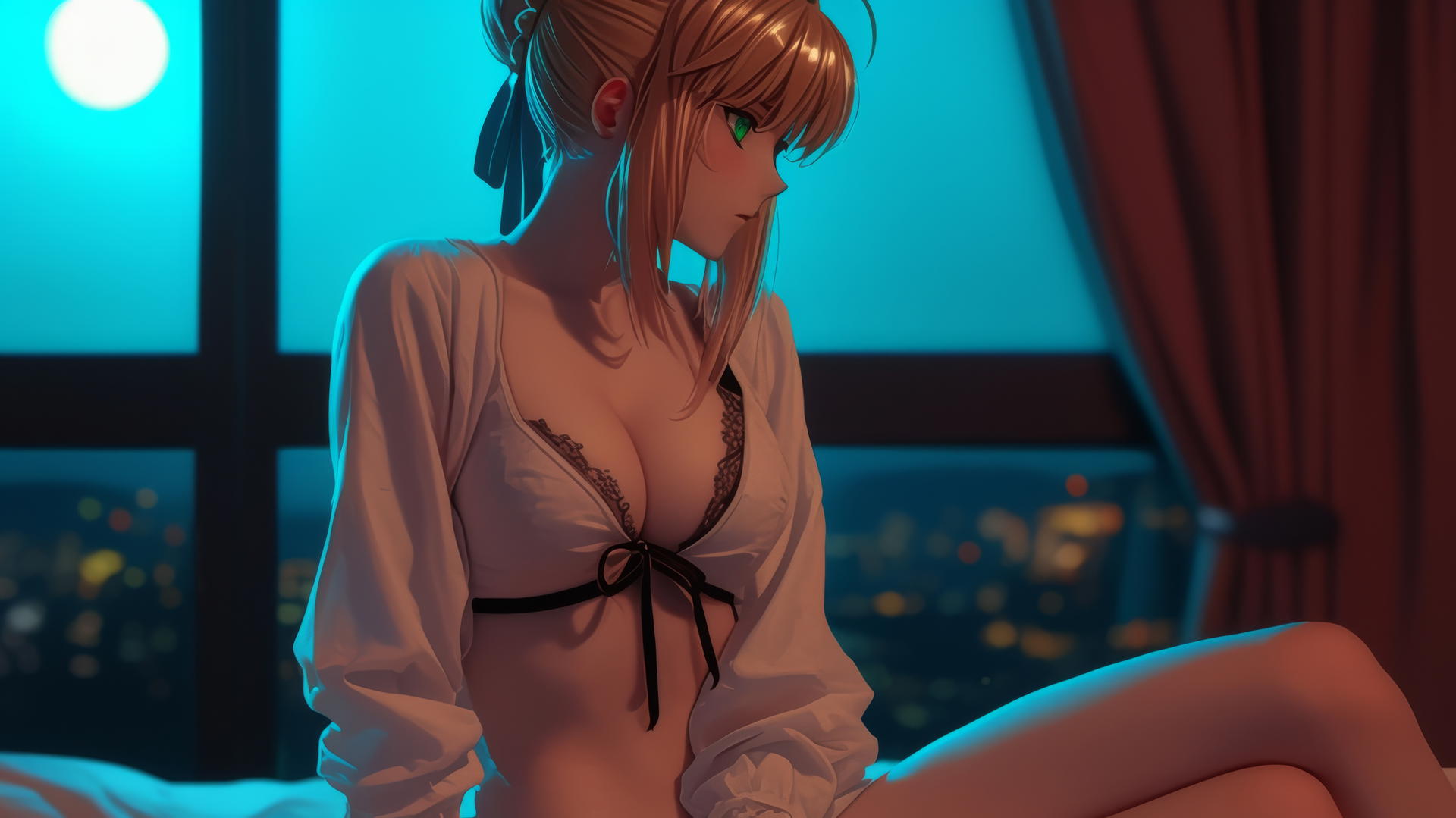 Saber from Fate Zero with green eyes, sitting in a modern hotel room under moonlight.