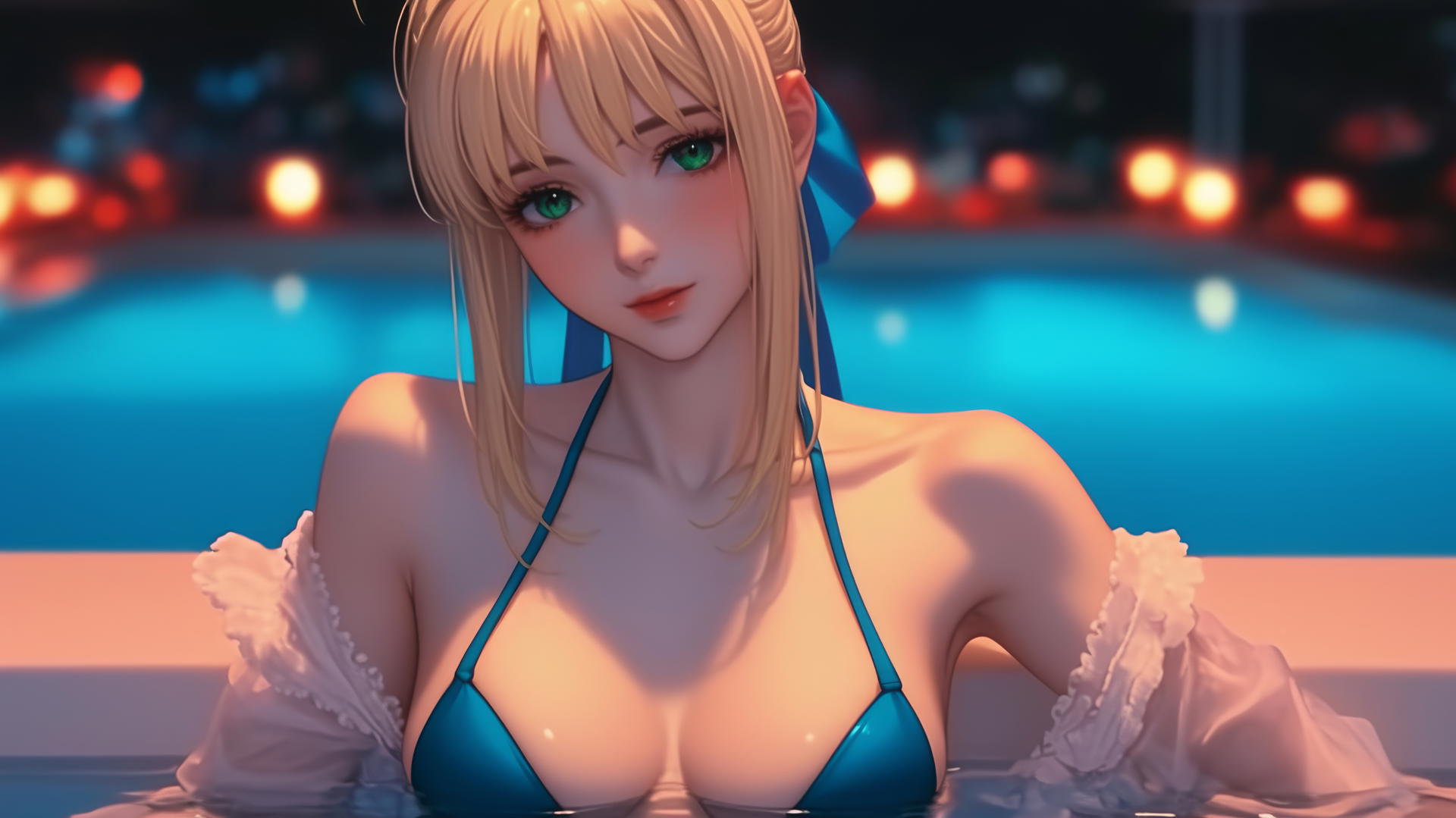 Saber from Fate Zero with green eyes, relaxing in a bathtub in a modern apartment with neon light glow.