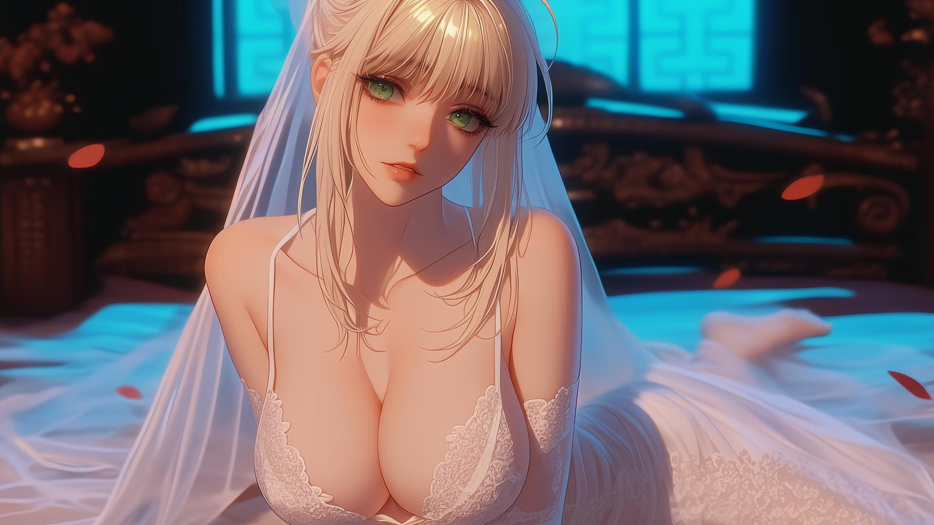 Saber from Fate Zero in a wedding dress, kneeling and leaning with green eyes, warm light