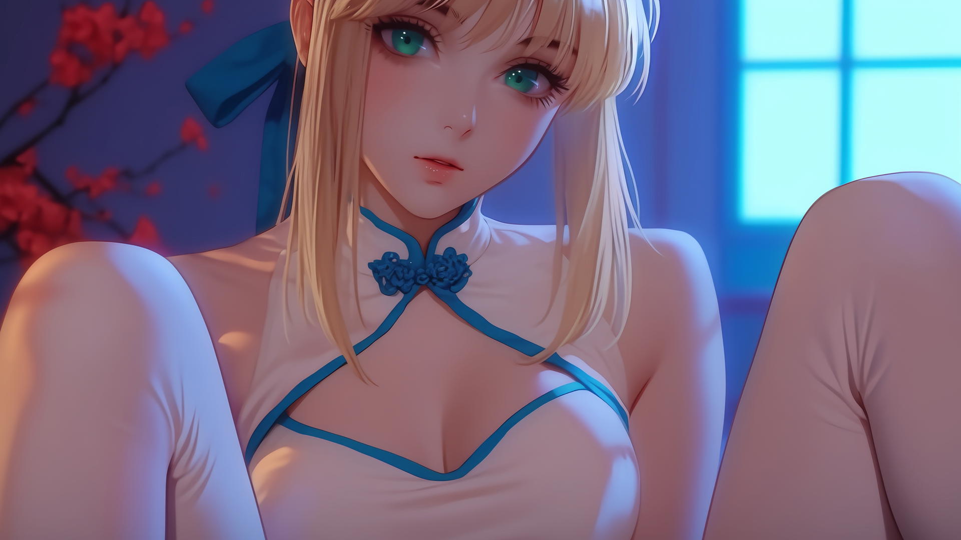 Saber from Fate Zero, kneeling and leaning, green eyes, warm light