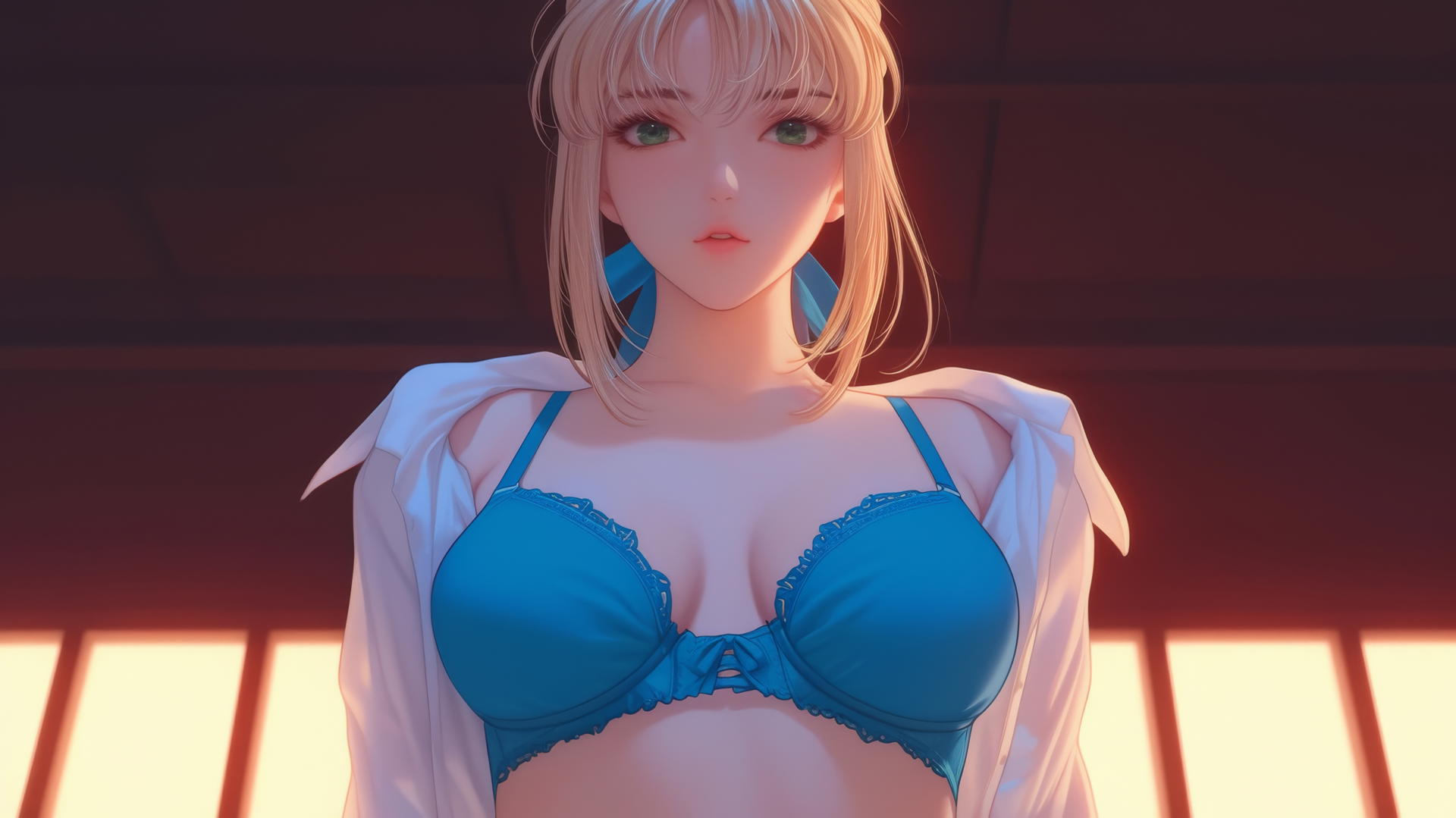 Saber from Fate Zero wearing shirt, kneeling and leaning, green eyes, ceiling background, warm light