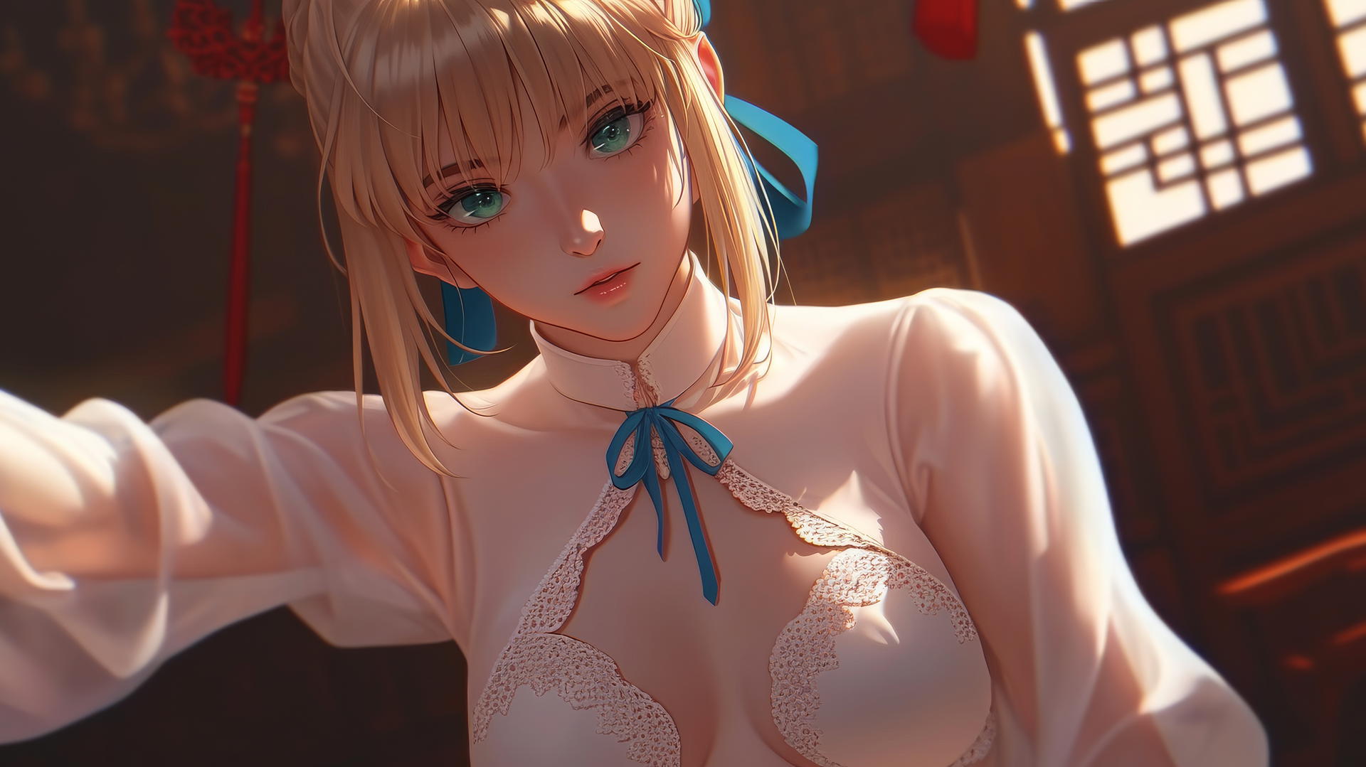 Saber from Fate Zero kneeling, leaning forward, warm light, green eyes, ceiling background