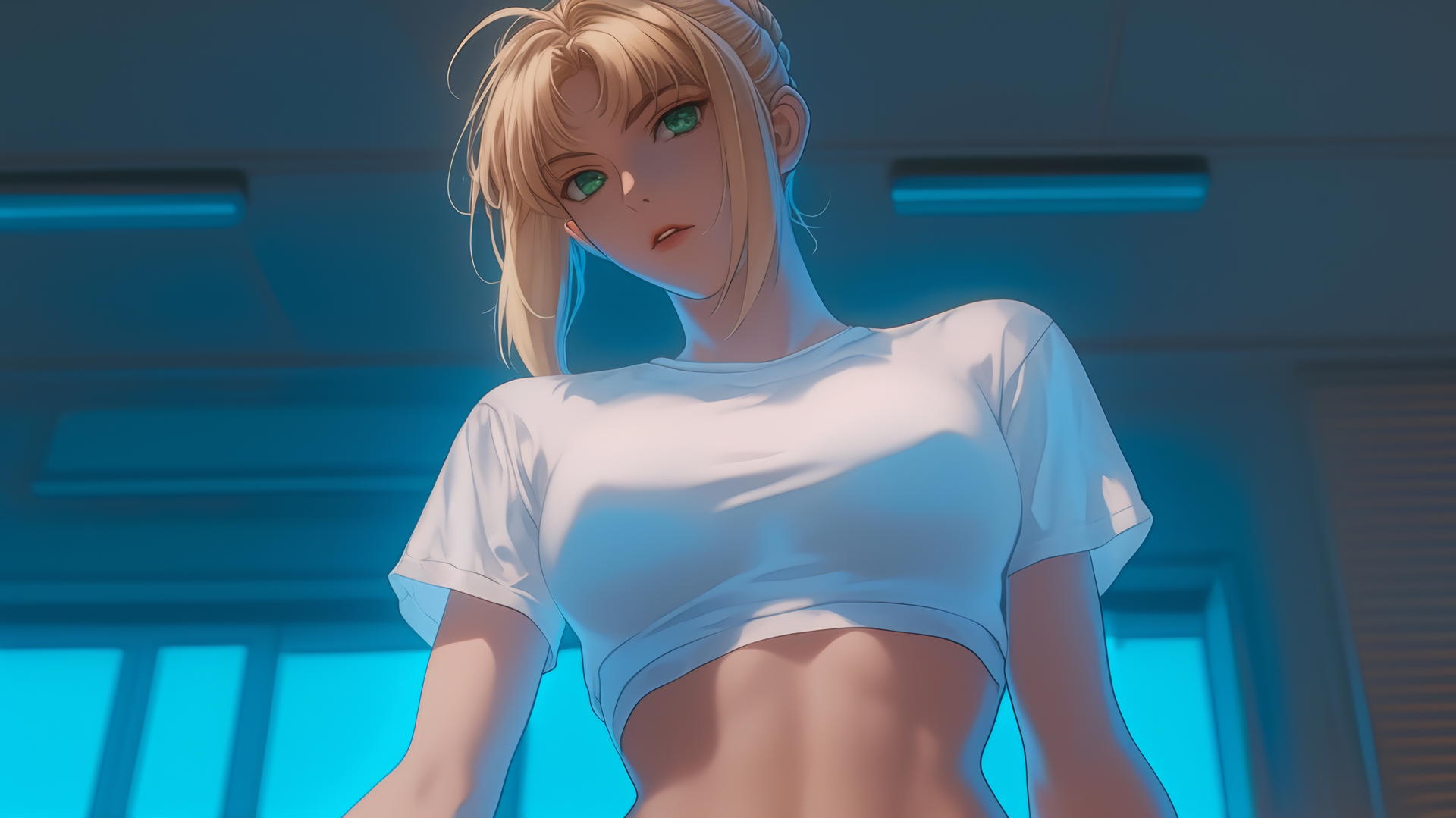 Saber from Fate Zero kneeling and leaning towards viewer, warm light, green eyes.