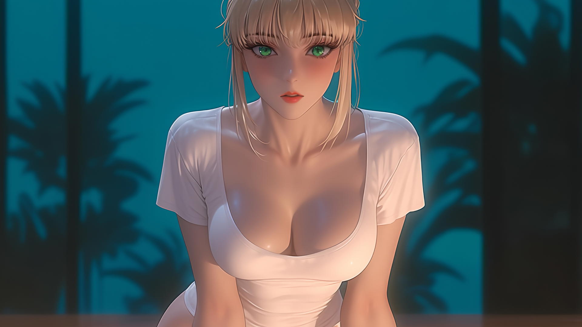 Saber from Fate Zero kneeling and leaning with green eyes and warm light