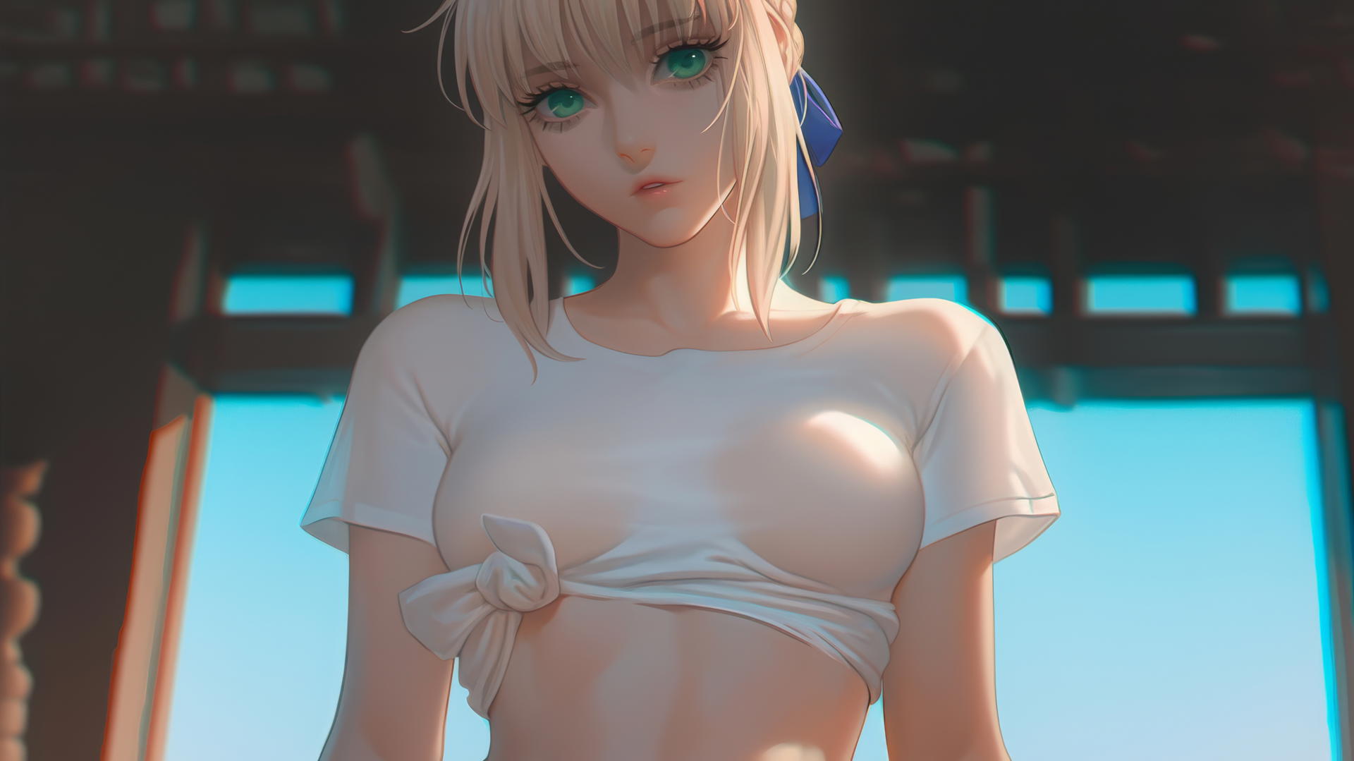 Saber from Fate Zero kneeling and leaning with green eyes in warm light, seen from below