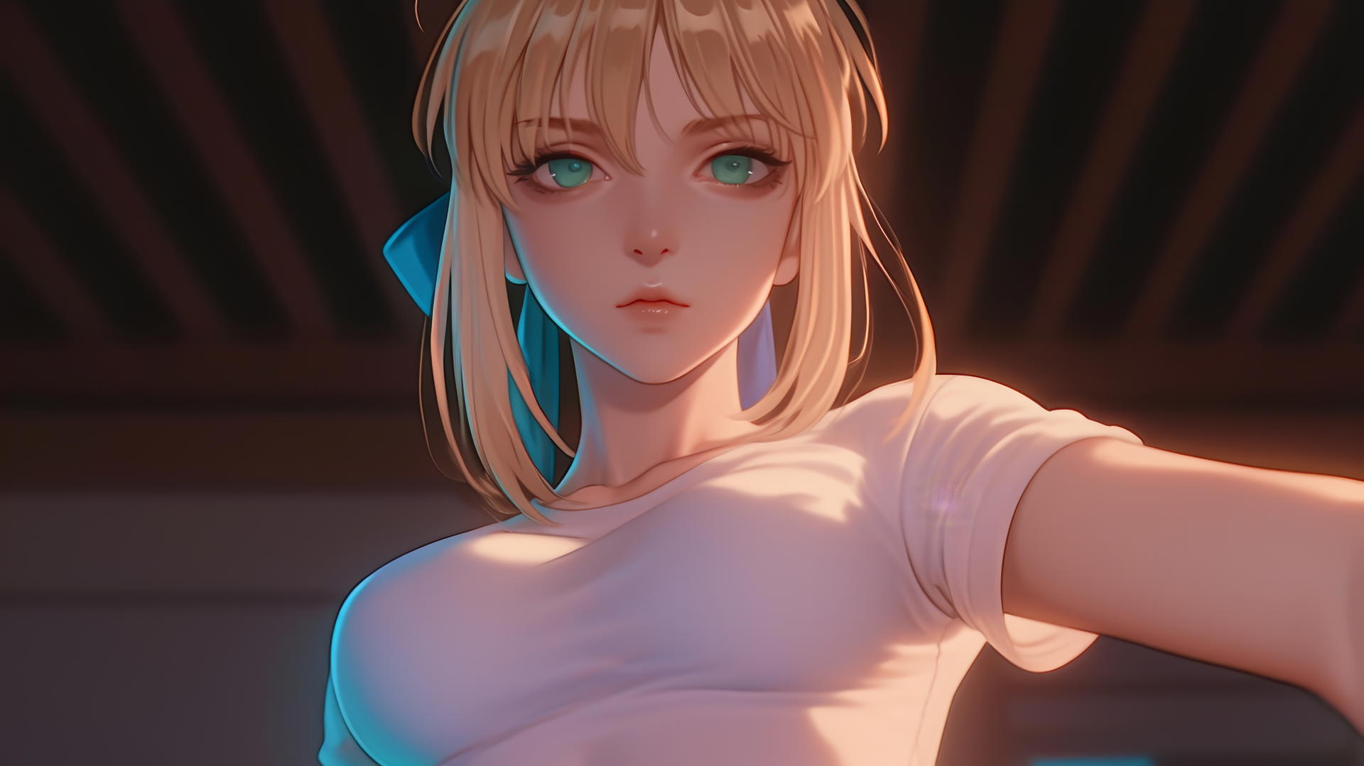 Saber from Fate Zero kneeling and leaning forward with green eyes, ceiling background