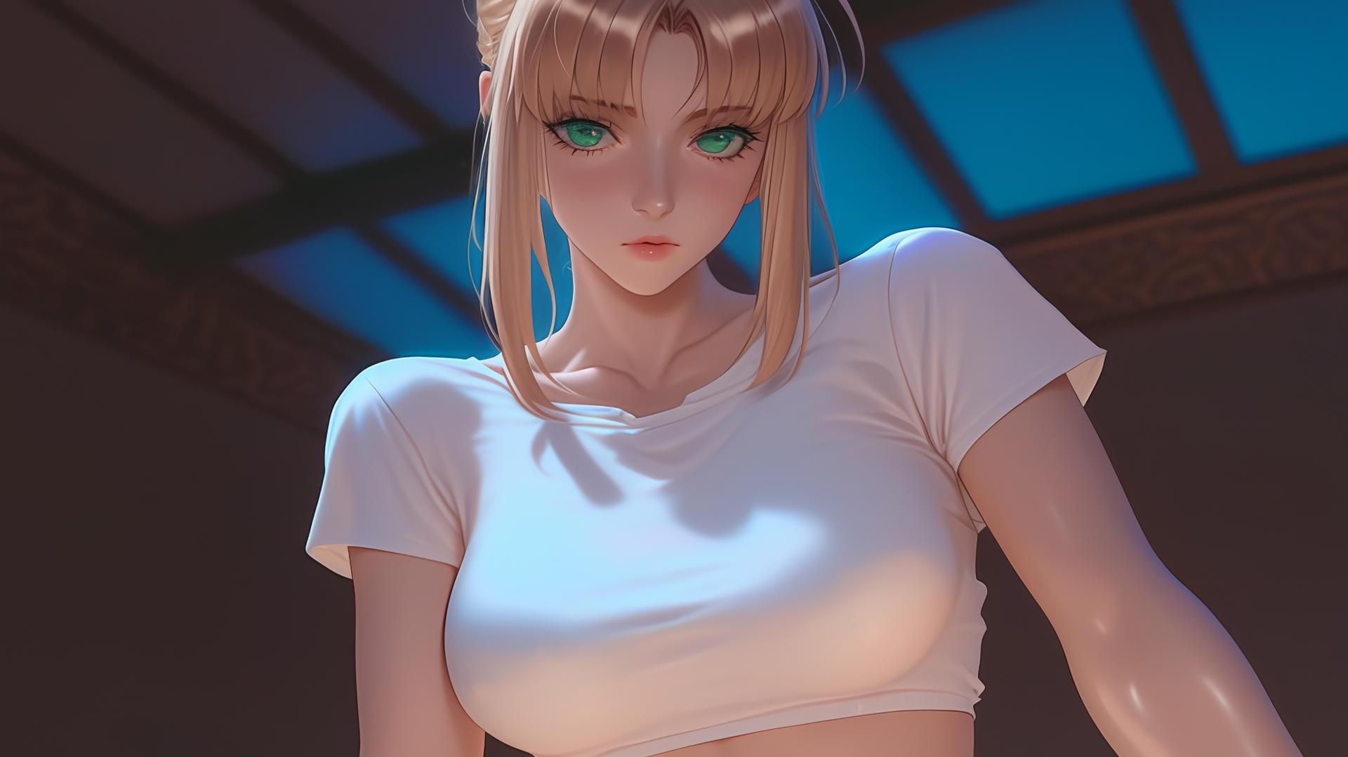 Saber from Fate Zero, kneeling and leaning forward with green eyes, seen from below against a ceiling background