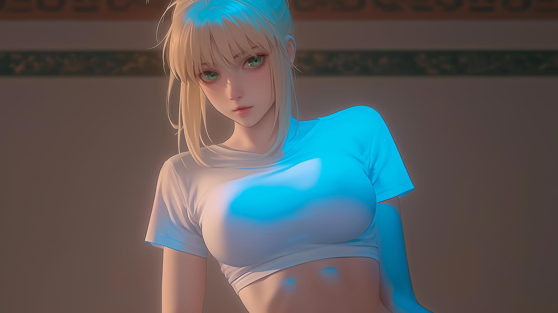 Saber from Fate Zero, in t-shirt, kneeling and leaning towards the viewer, warm light, ceiling backdrop.
