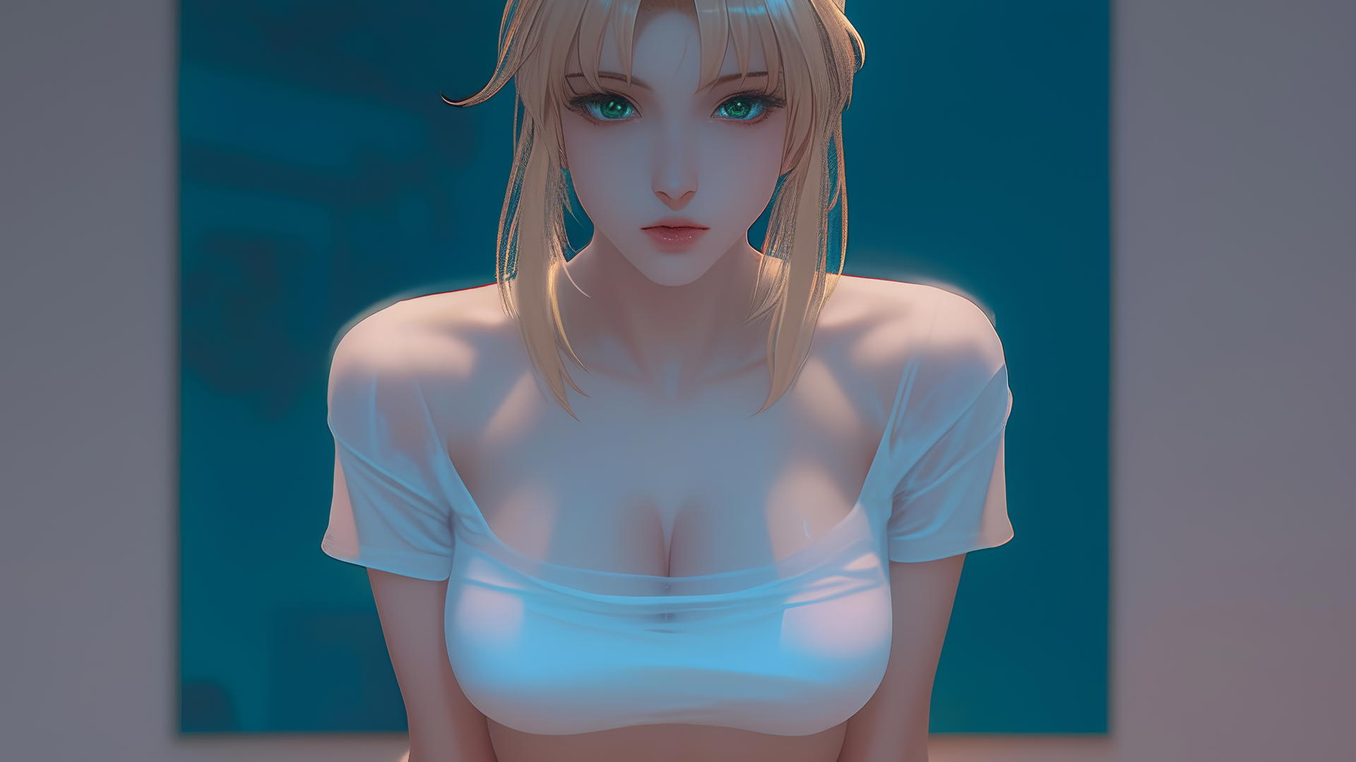 Saber from Fate Zero kneeling, leaning forward, with green eyes and warm light.