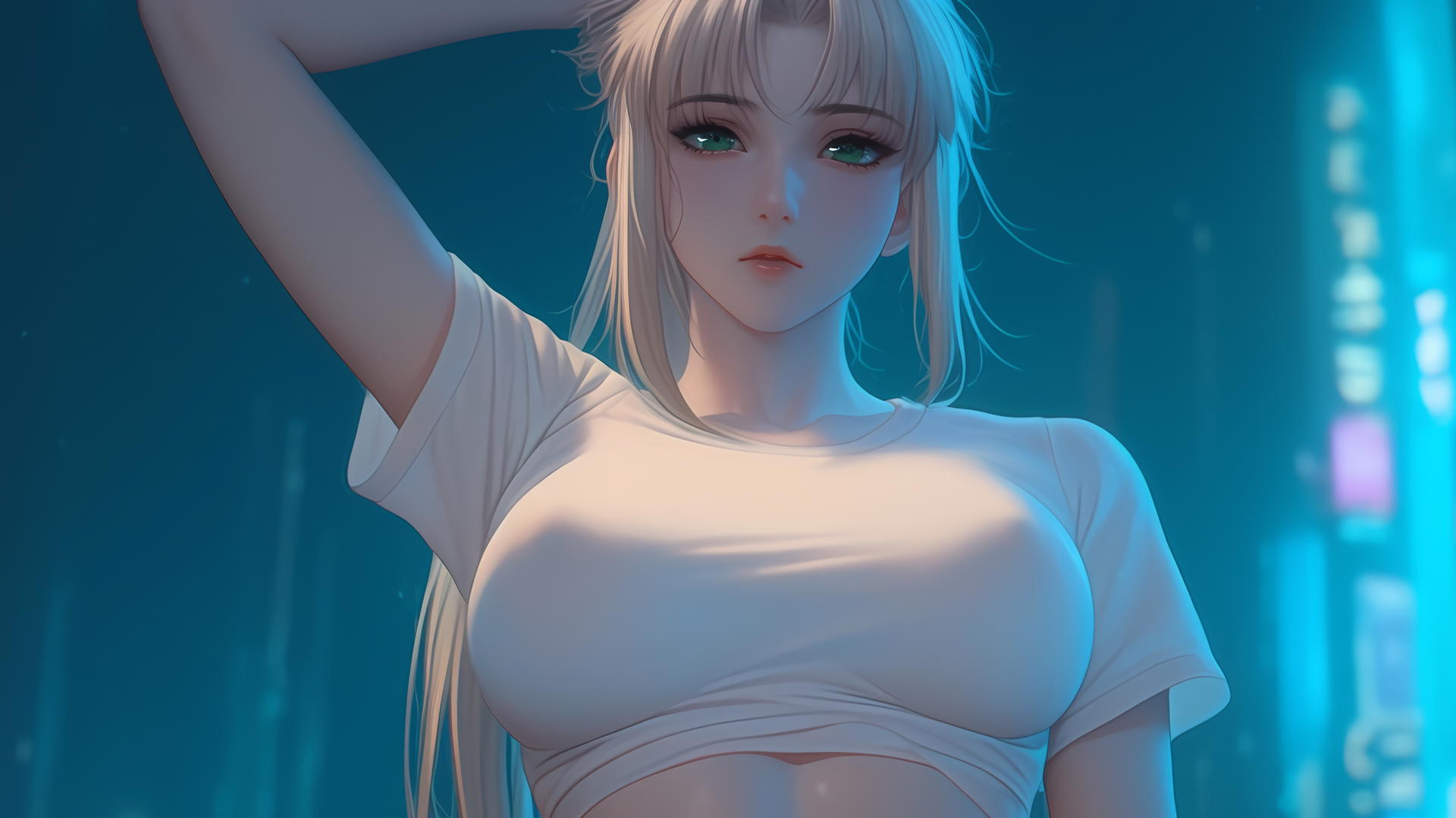 Saber from Fate Zero kneeling and leaning forward with green eyes, seen from below