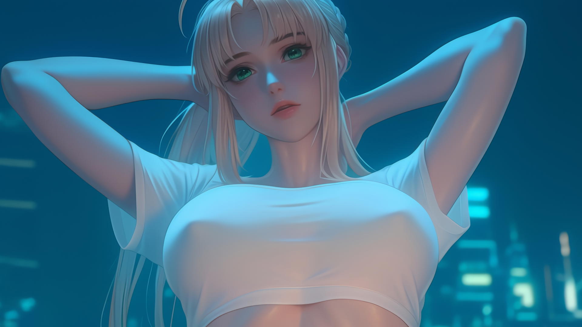 Saber from Fate Zero kneeling, looking down with green eyes