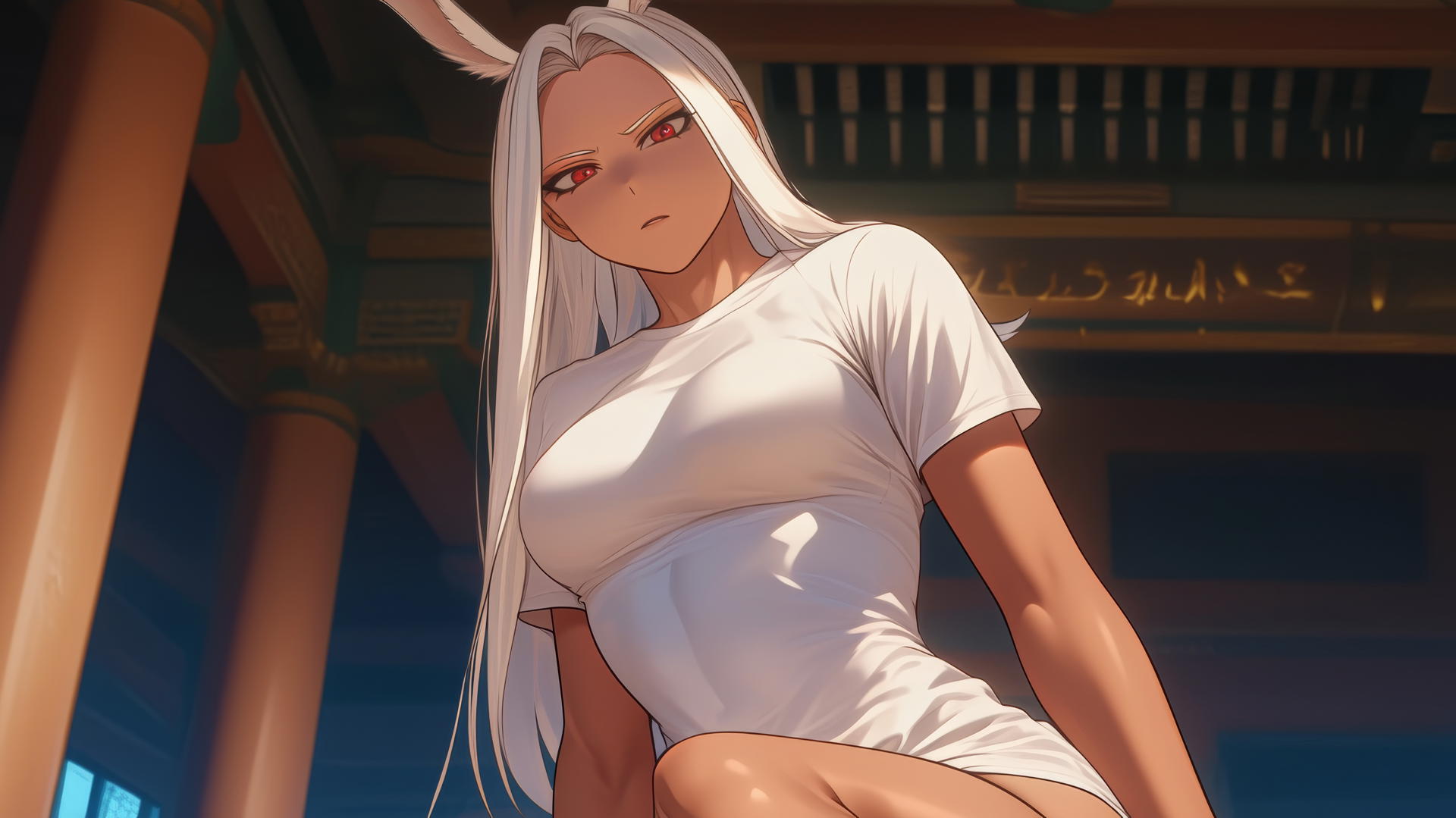 Mirko from My Hero Academia kneeling and leaning forward, seen from below, with long white hair and rabbit ears.
