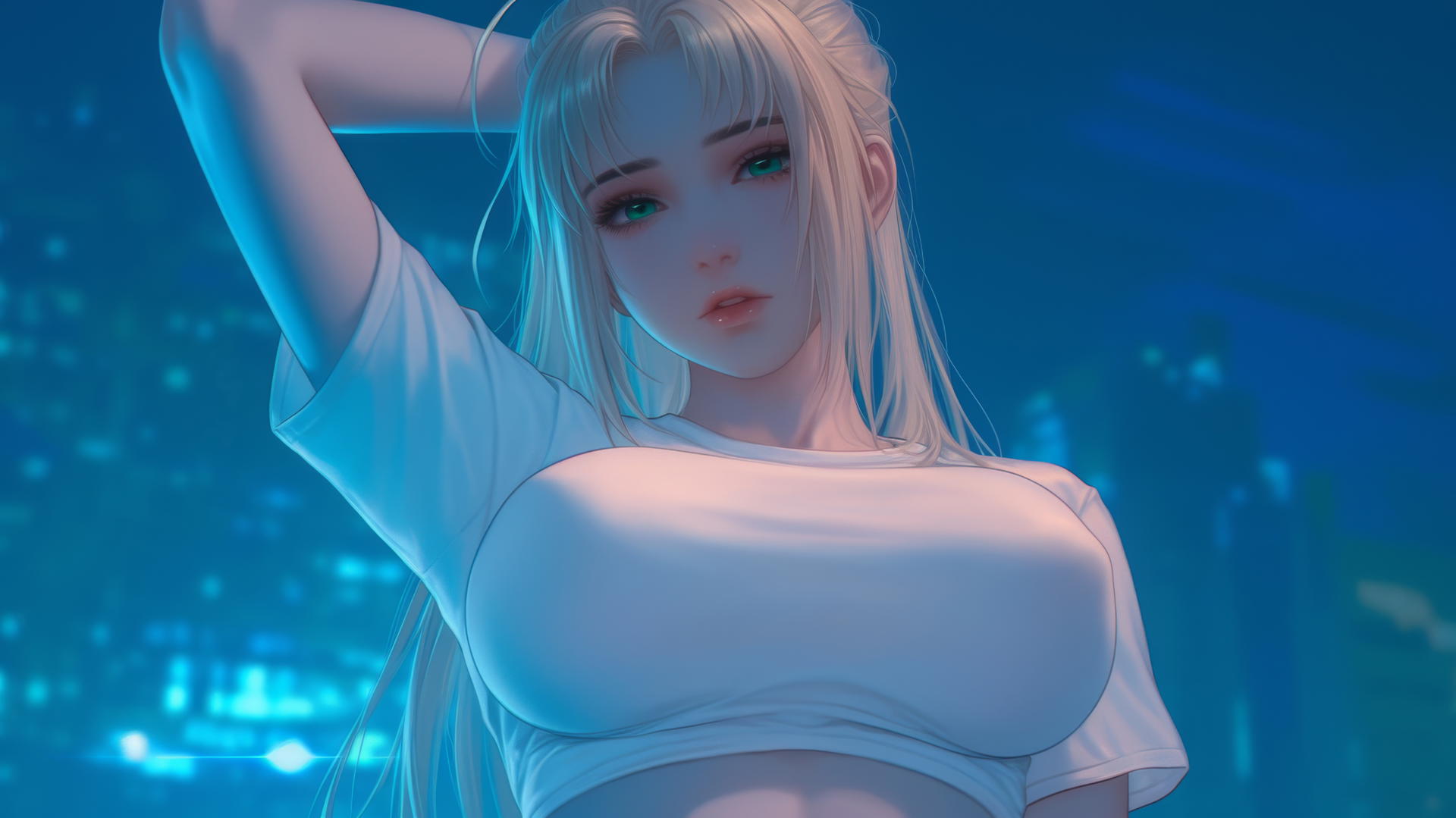 Saber from Fate/Zero, kneeling and leaning forward, green eyes, ceiling background, warm light