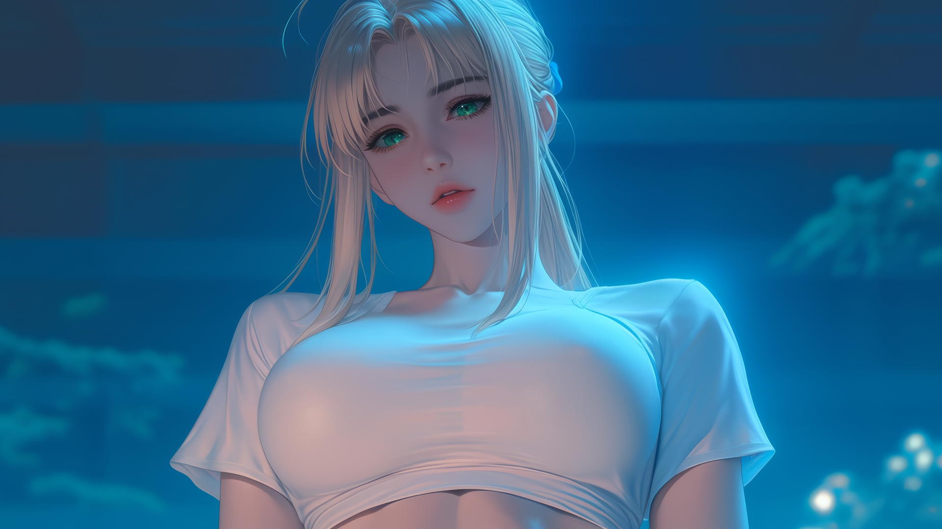 Saber from Fate Zero kneeling and leaning forward, seen from below