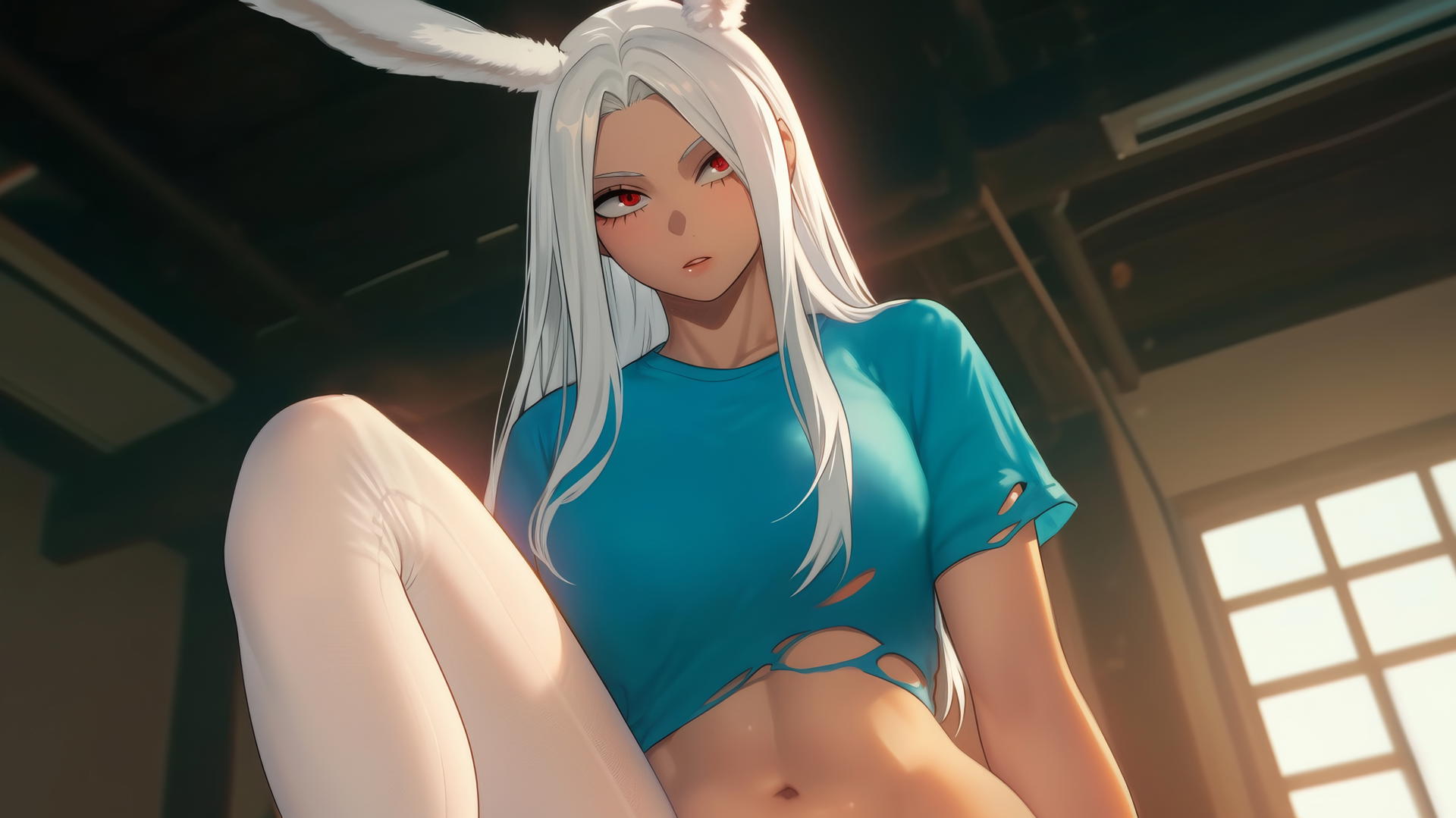 Mirko from My Hero Academia, kneeling, wearing a worn-out t-shirt, with rabbit features, seen from below.