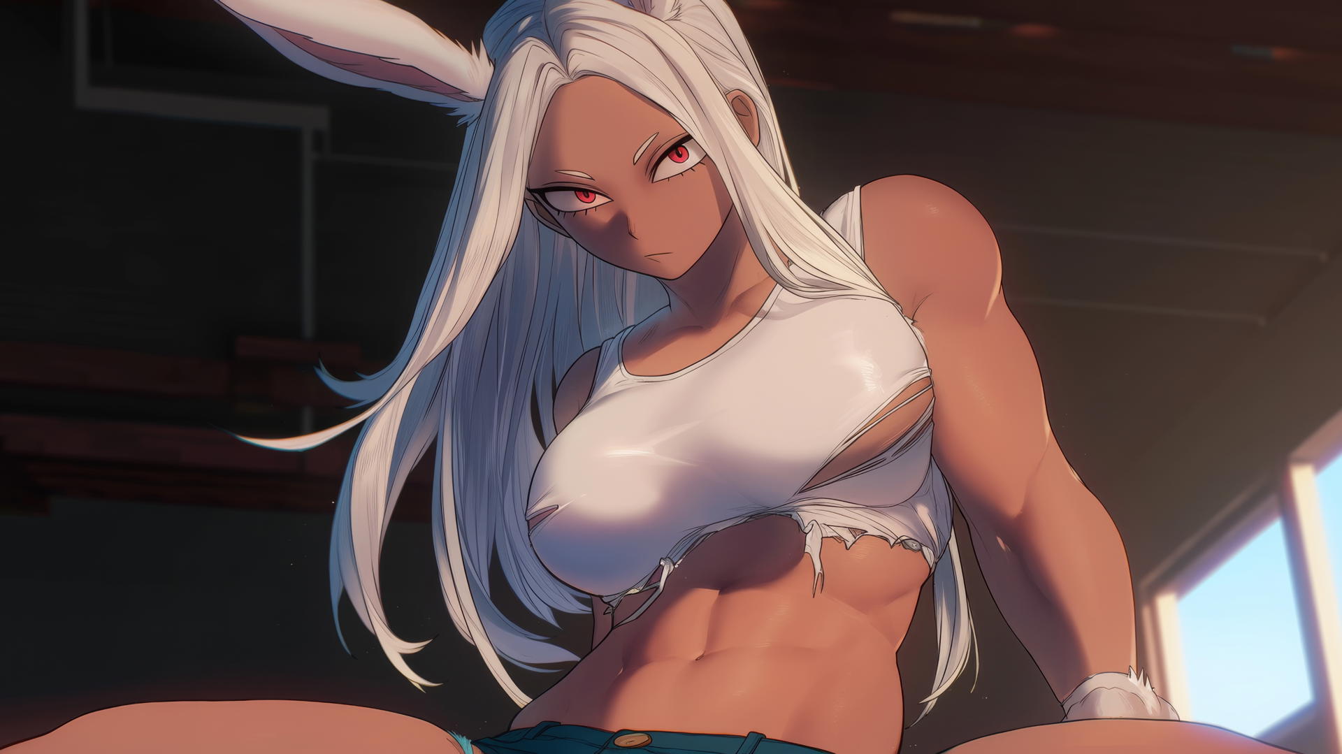Mirko from My Hero Academia in a worn-out t-shirt, kneeling, with rabbit ears and a small tail, under warm light.