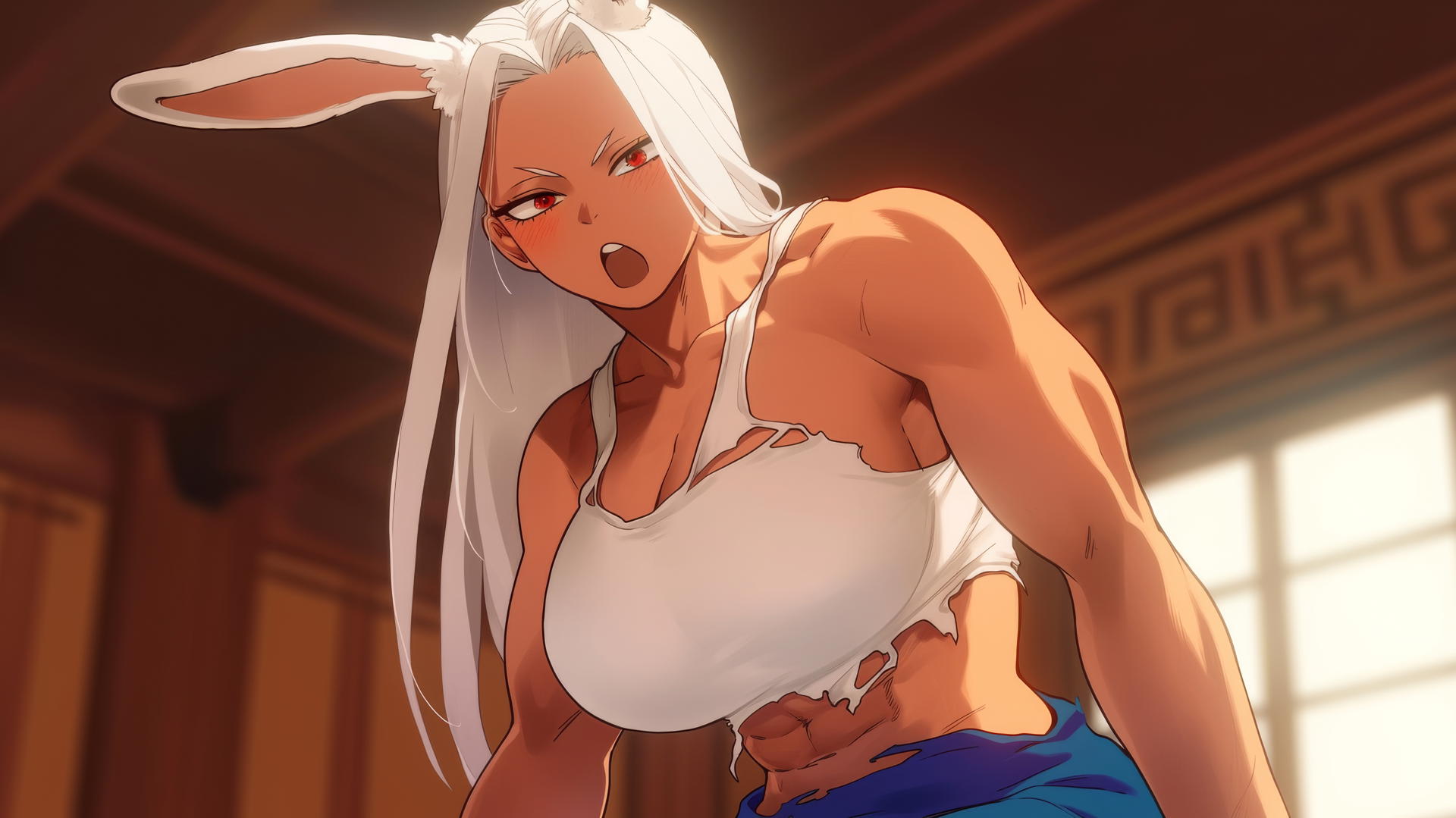 Mirko from My Hero Academia kneeling, tan-skinned, with white hair and rabbit ears, looking down.