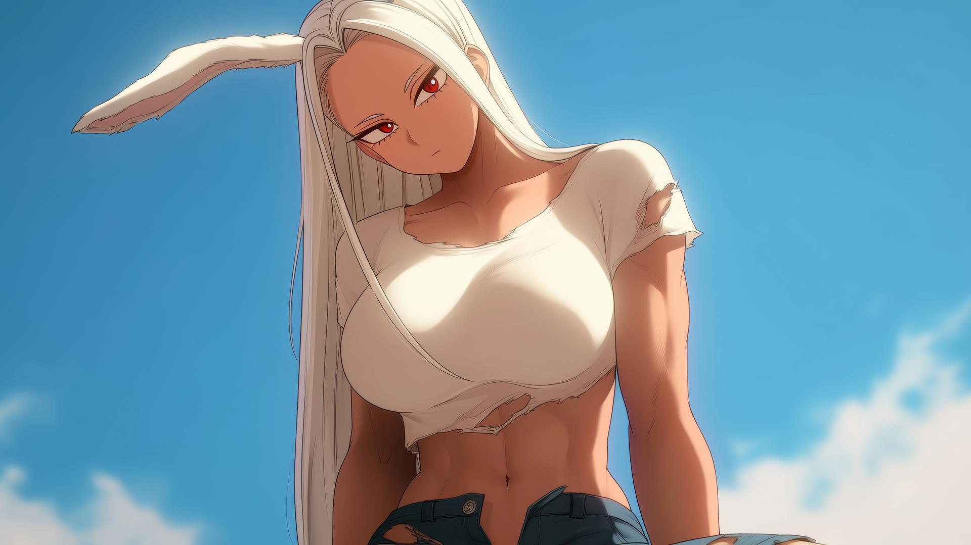 Mirko from My Hero Academia kneeling with ripped t-shirt, looking down, rabbit features in warm light.
