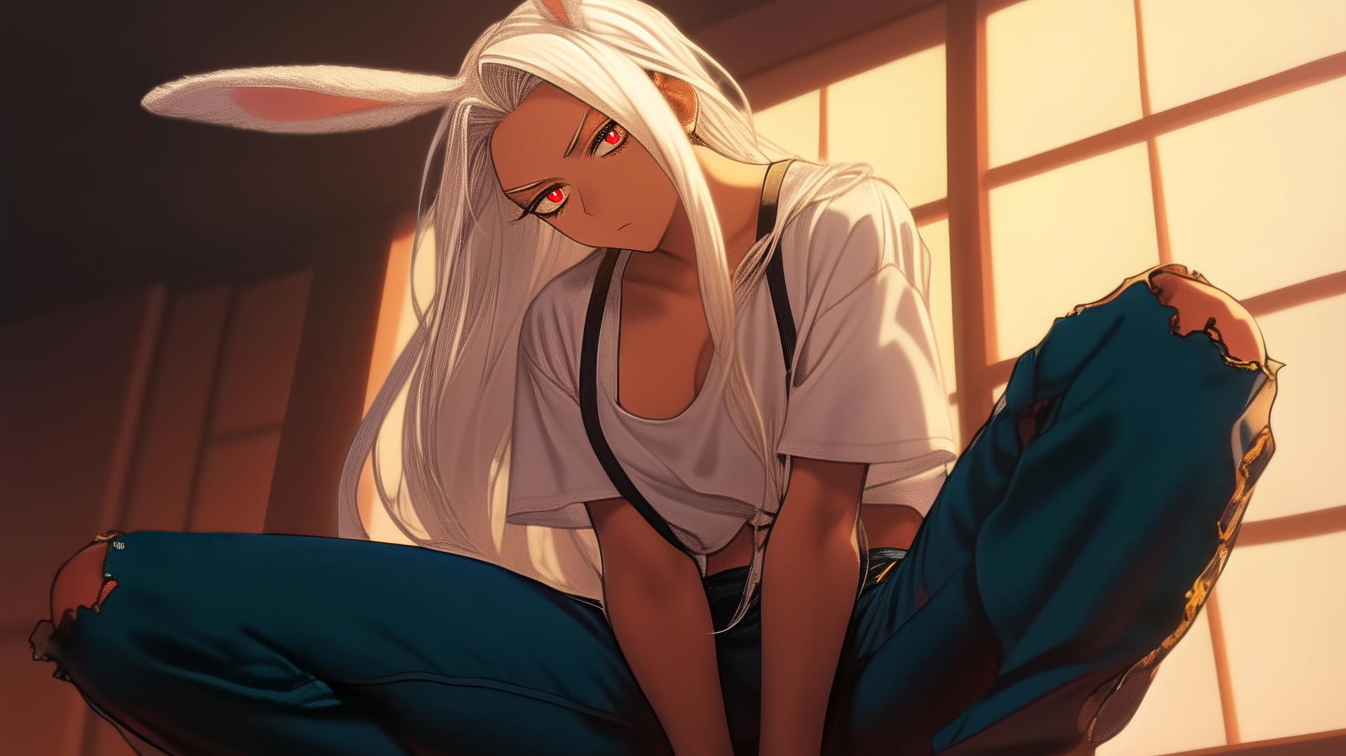 Mirko from My Hero Academia, kneeling and leaning forward, wearing a worn-out t-shirt with rips, white rabbit ears pointing upwards, and straight white hair, under a warm light with ceiling background.