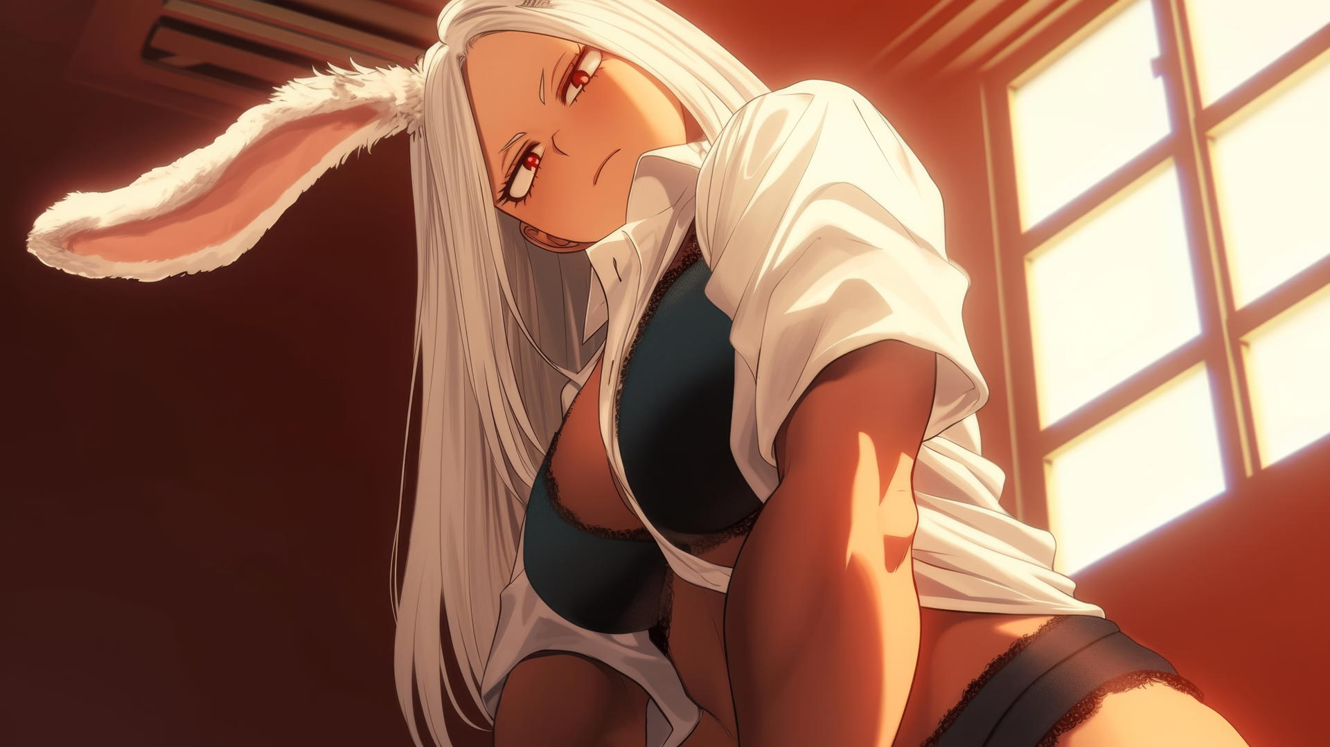 Mirko from My Hero Academia kneeling, with rabbit ears and white hair, looking down.