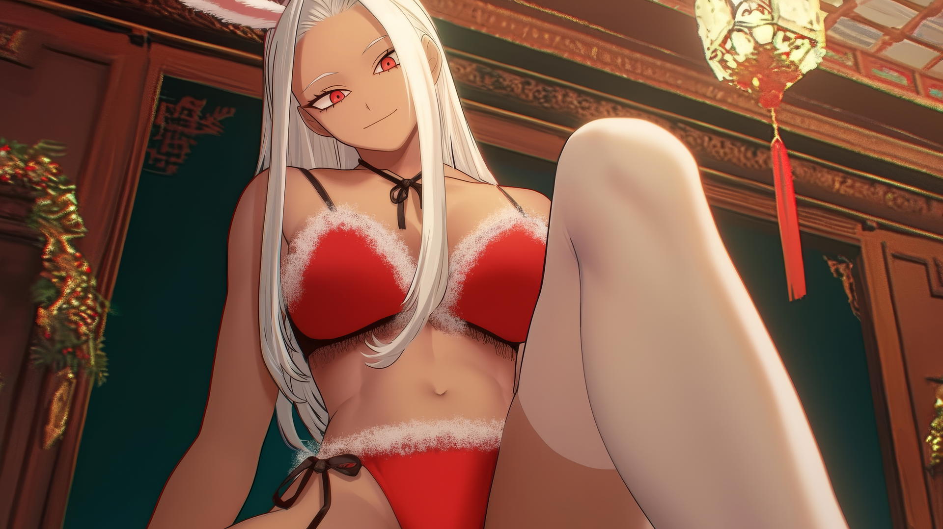 Mirko from My Hero Academia in Christmas attire, kneeling and leaning forward.