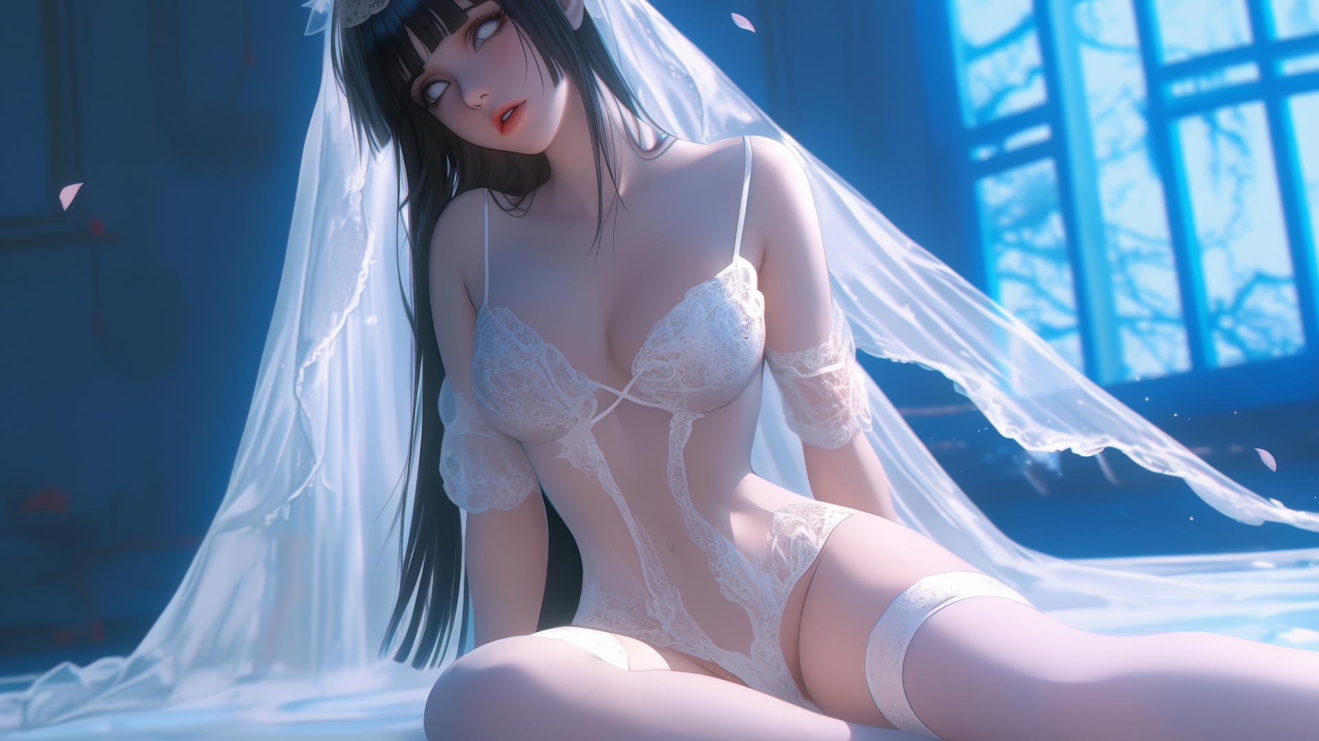 Hinata Hyuga in wedding dress, kneeling, warm light, soft glow, ceiling background.