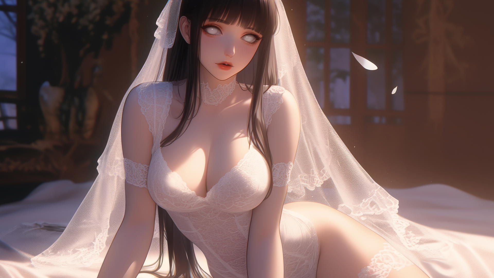Hinata Hyuga in wedding dress kneeling and leaning, warm glow, ceiling background