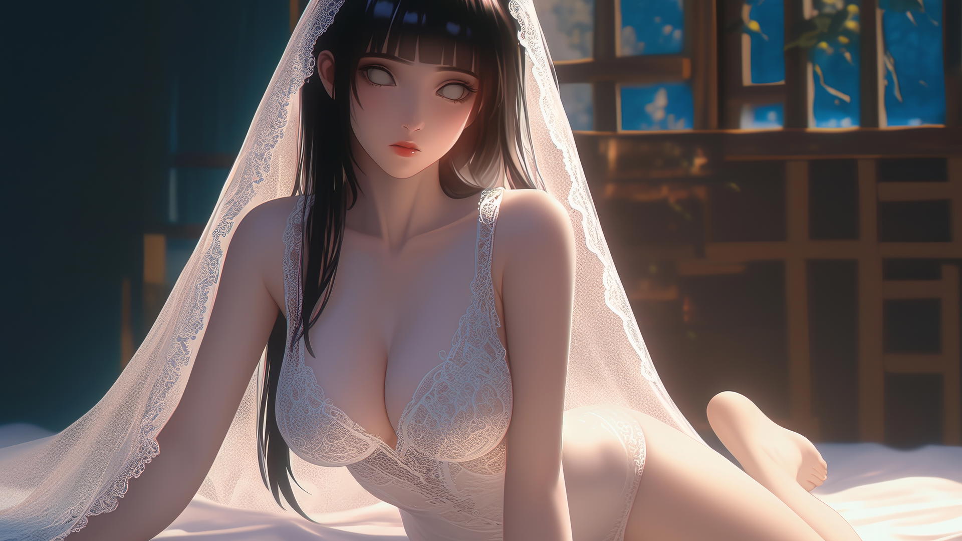 Hinata Hyuga in wedding dress kneeling, leaning down with warm light and ceiling visible