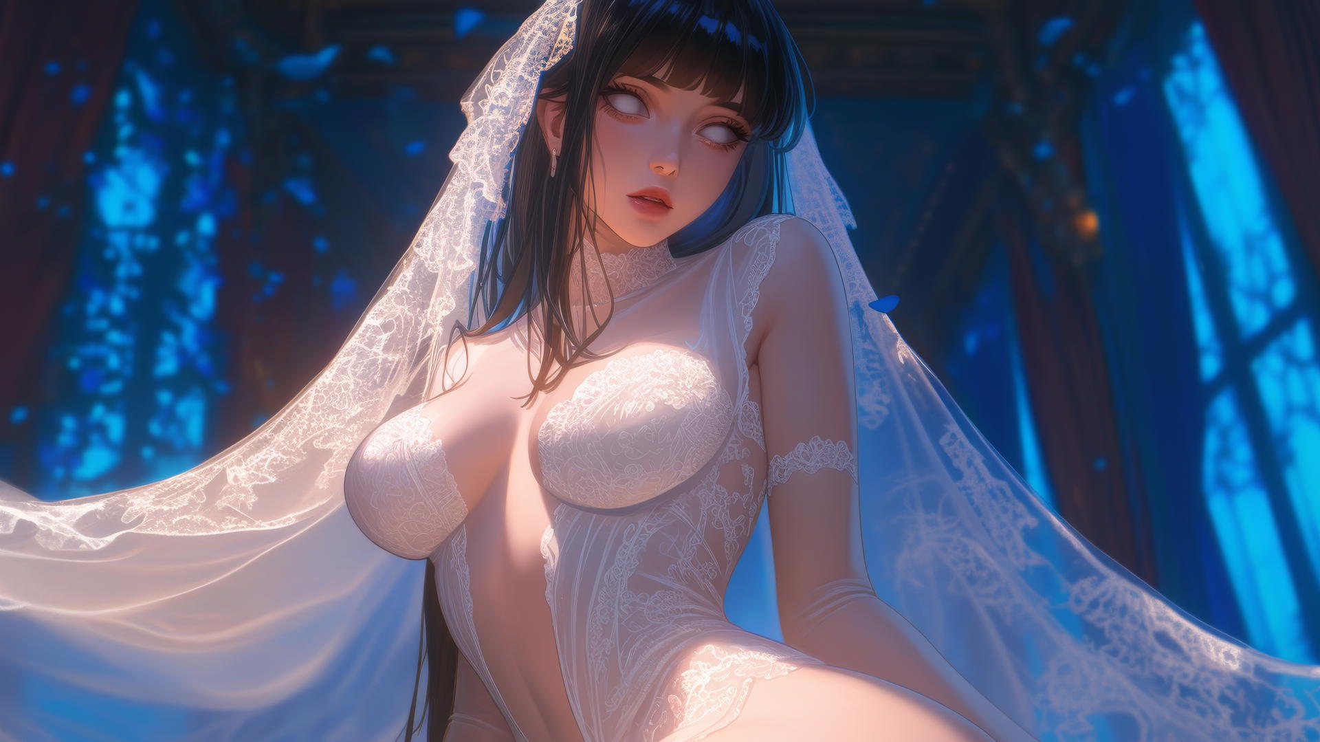 Hinata Hyuga in a wedding dress, kneeling and leaning forward with a ceiling background.