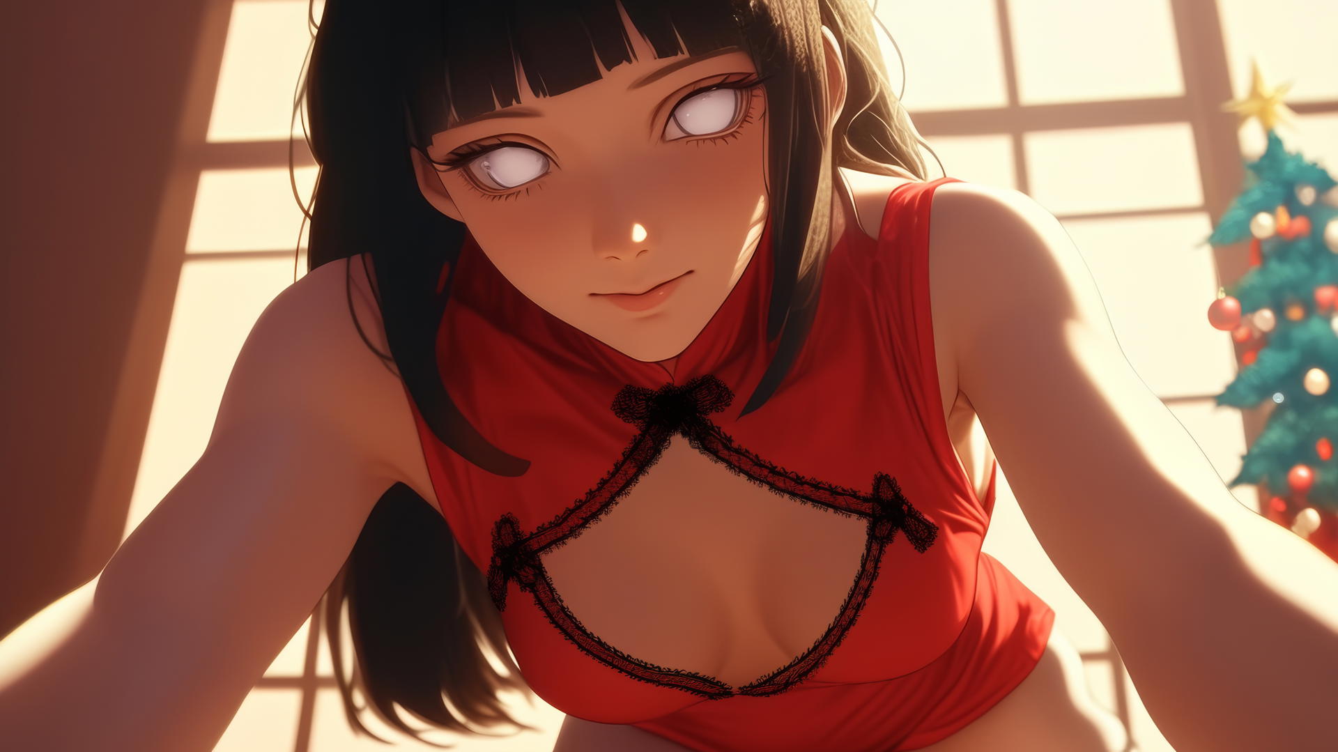 Hinata Hyuga in red Christmas attire kneeling and looking down with white eyes