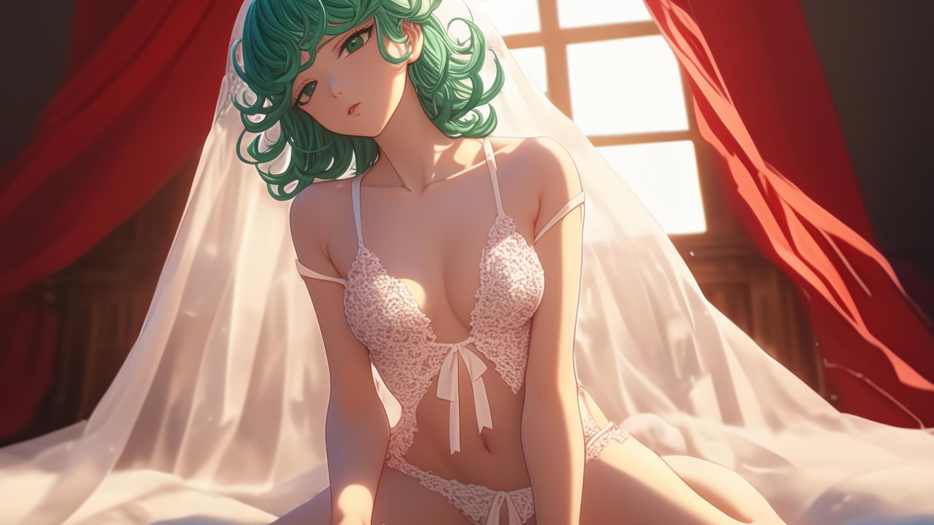 Tatsumaki from One-Punch Man in a wedding dress kneeling with emerald green eyes and hair, warm light background.