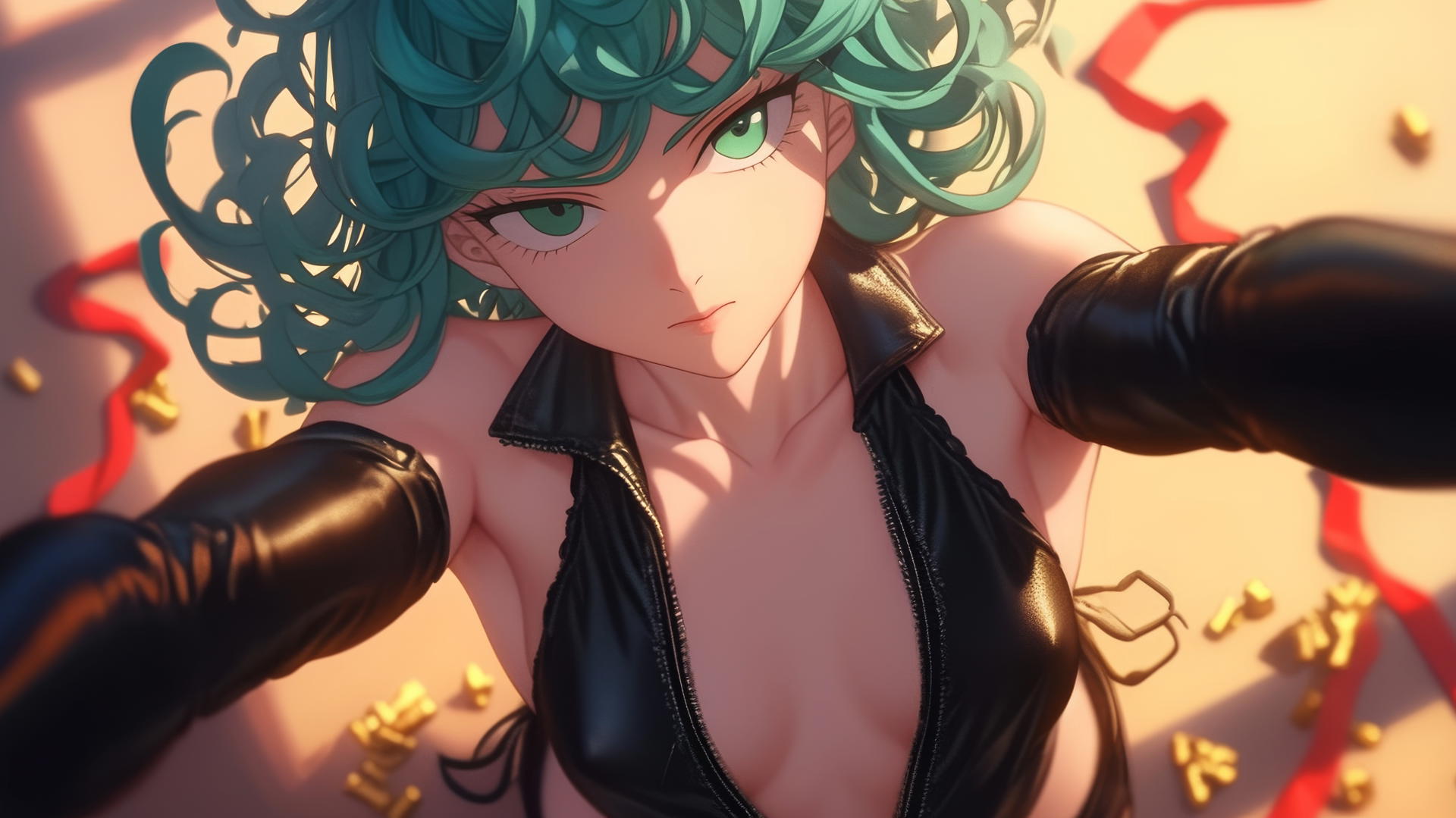 Tatsumaki from One-Punch Man, kneeling and leaning forward with emerald green eyes and hair, warm light casting a soft glow.