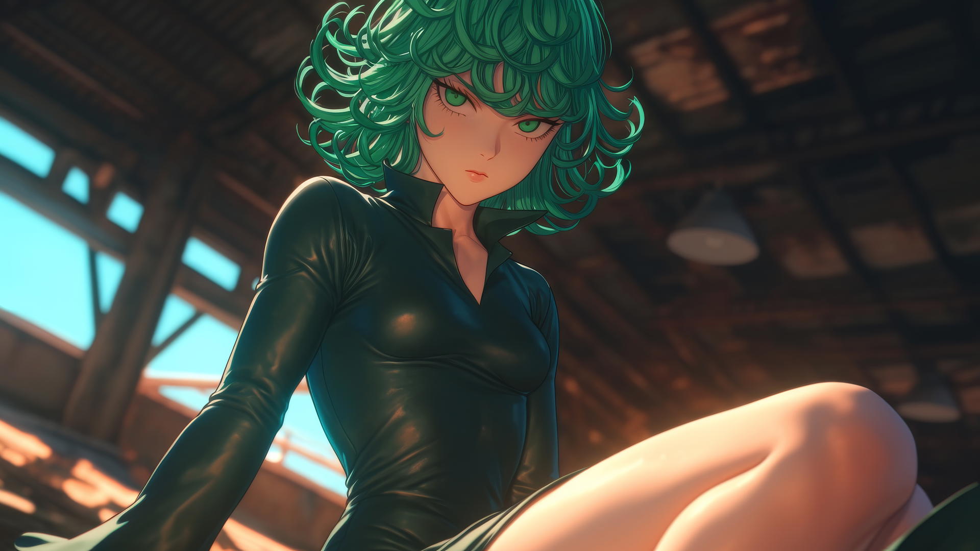Tatsumaki from One-Punch Man kneeling in leather, with emerald green hair and eyes, leaning forward.