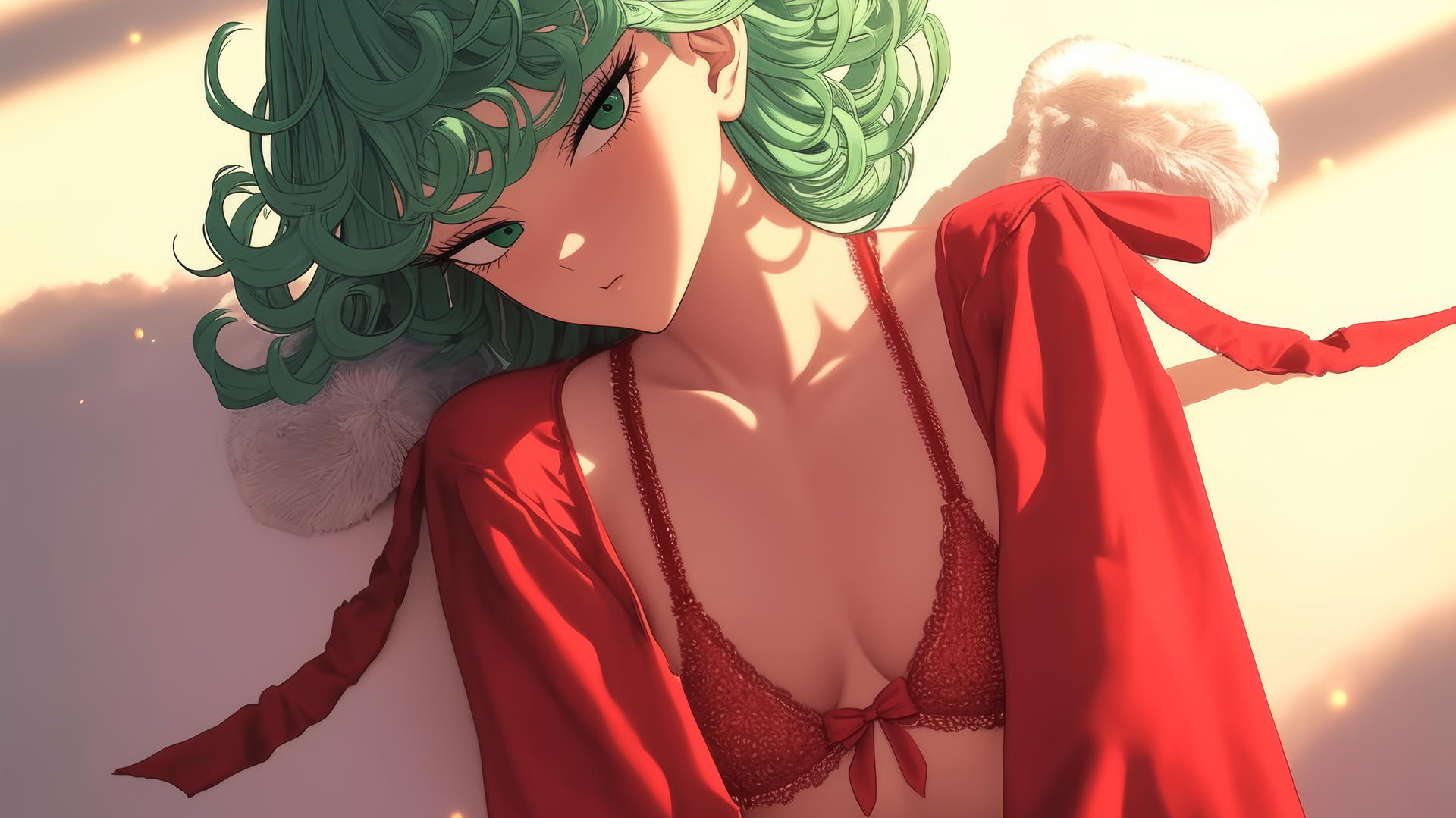 Tatsumaki from One-Punch Man kneeling and leaning in Christmas attire, seen from below