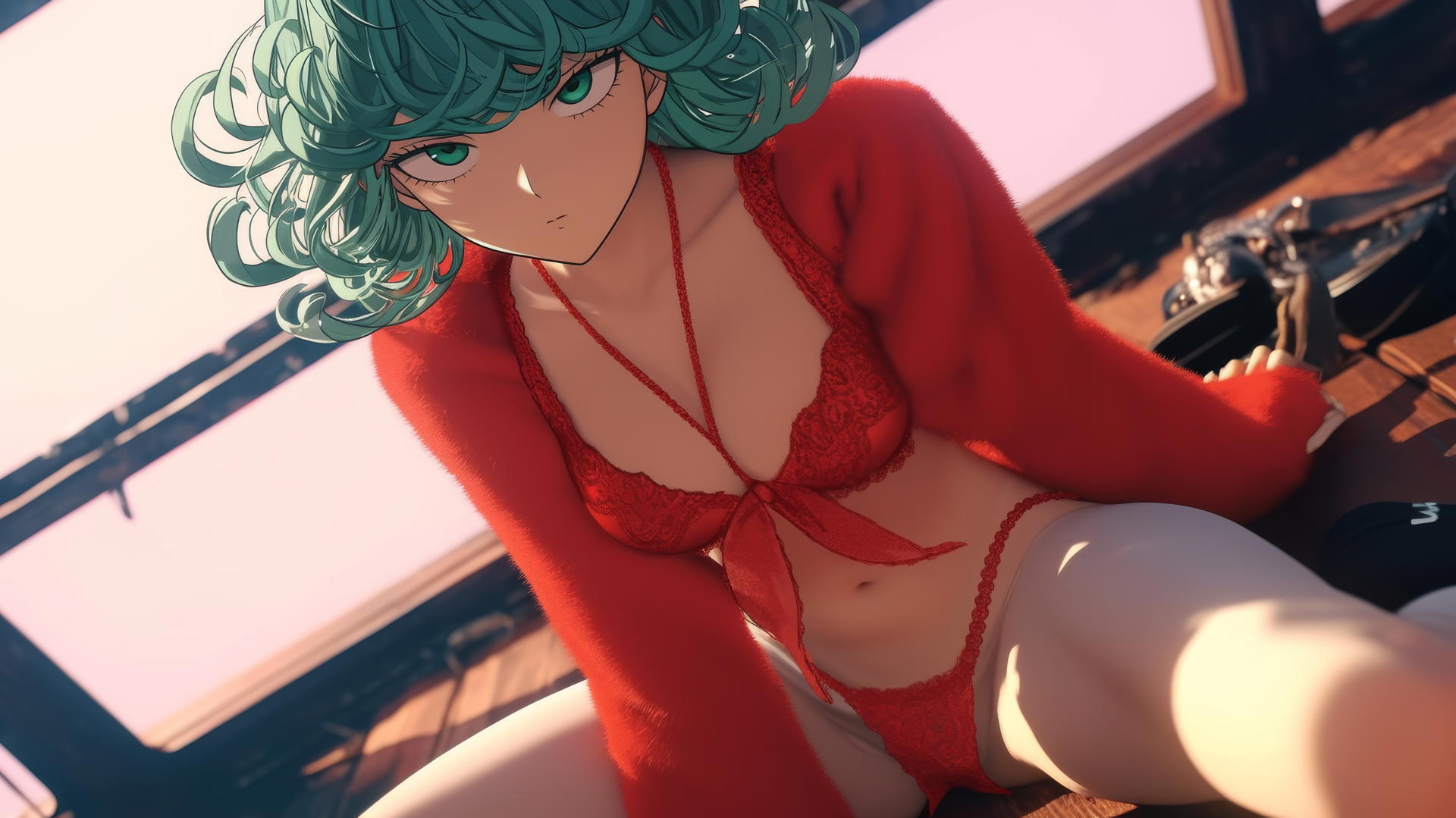 Tatsumaki from One-Punch Man in Christmas attire, kneeling, with emerald green eyes and hair, warm light glow.