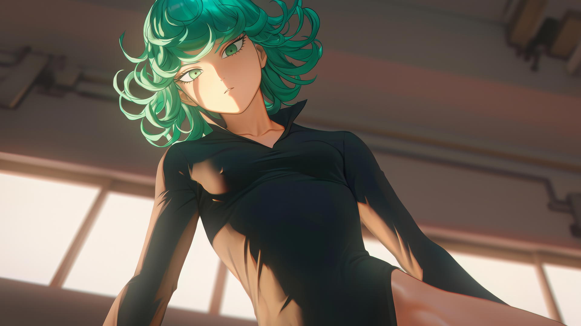 Tatsumaki from One-Punch Man kneeling, looking down with green eyes and hair, ceiling background