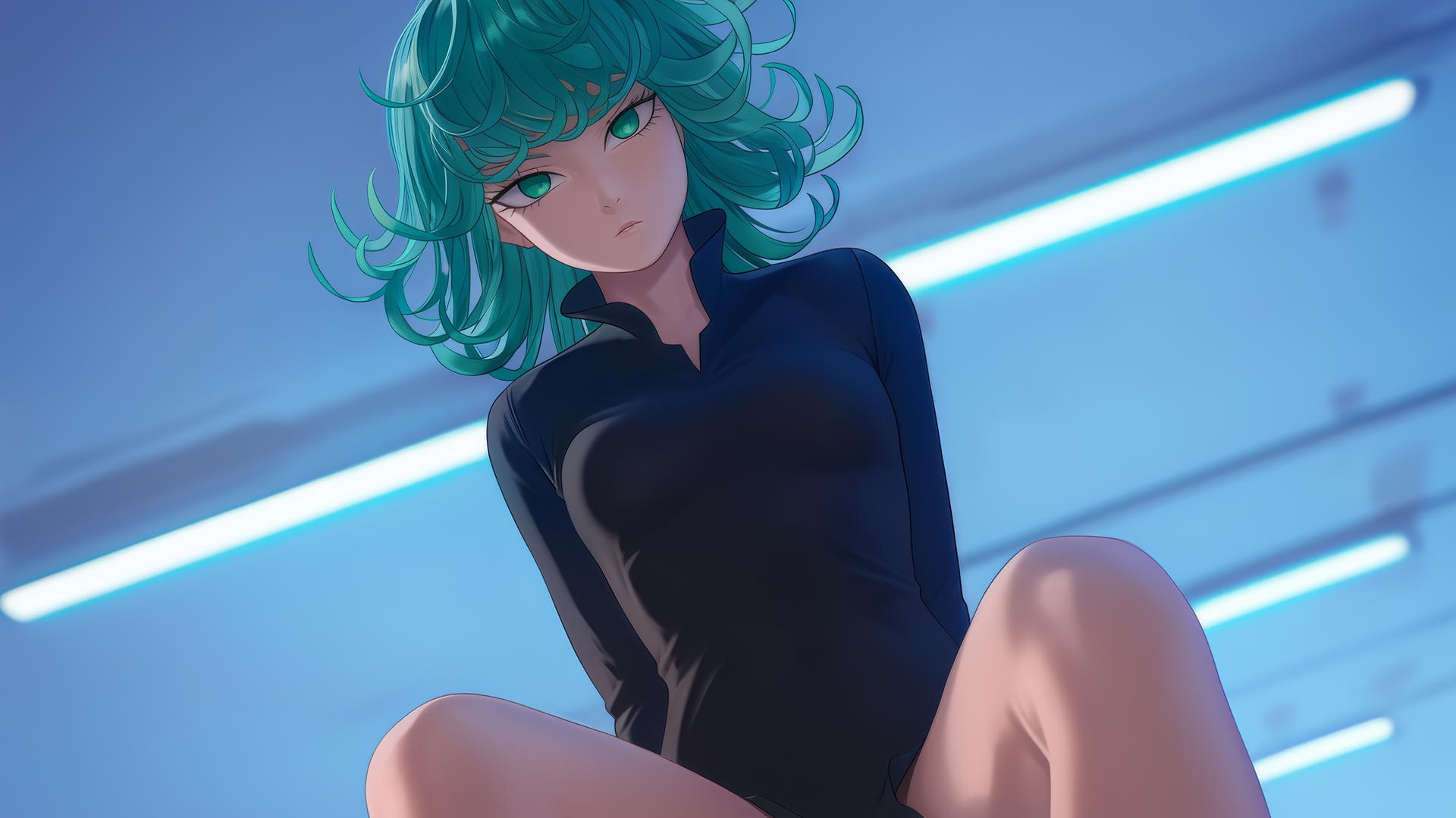 Tatsumaki from One-Punch Man kneeling, looking down with emerald green hair and eyes.