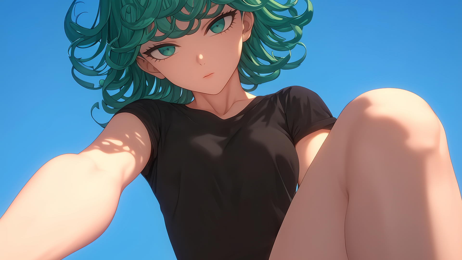 Tatsumaki kneeling and leaning forward with emerald green hair and eyes, viewed from below.