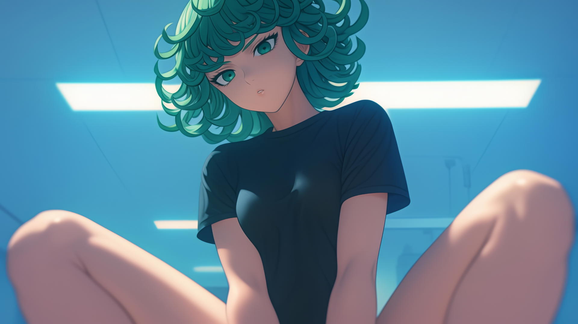 Tatsumaki from One-Punch Man kneeling, with emerald green eyes and hair, seen from below.