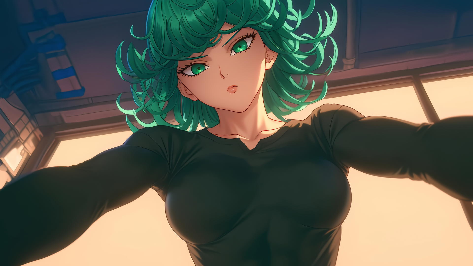 Tatsumaki from One-Punch Man kneeling and leaning forward with emerald green hair, warm light.