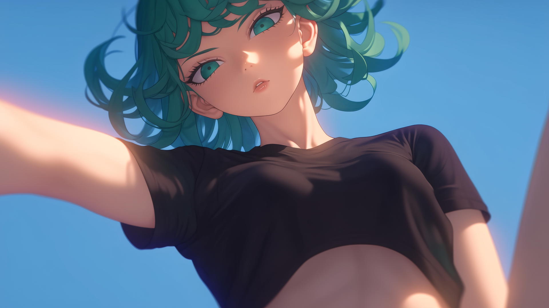 Tatsumaki from One-Punch Man kneeling and leaning forward with emerald green eyes and hair against a ceiling background.