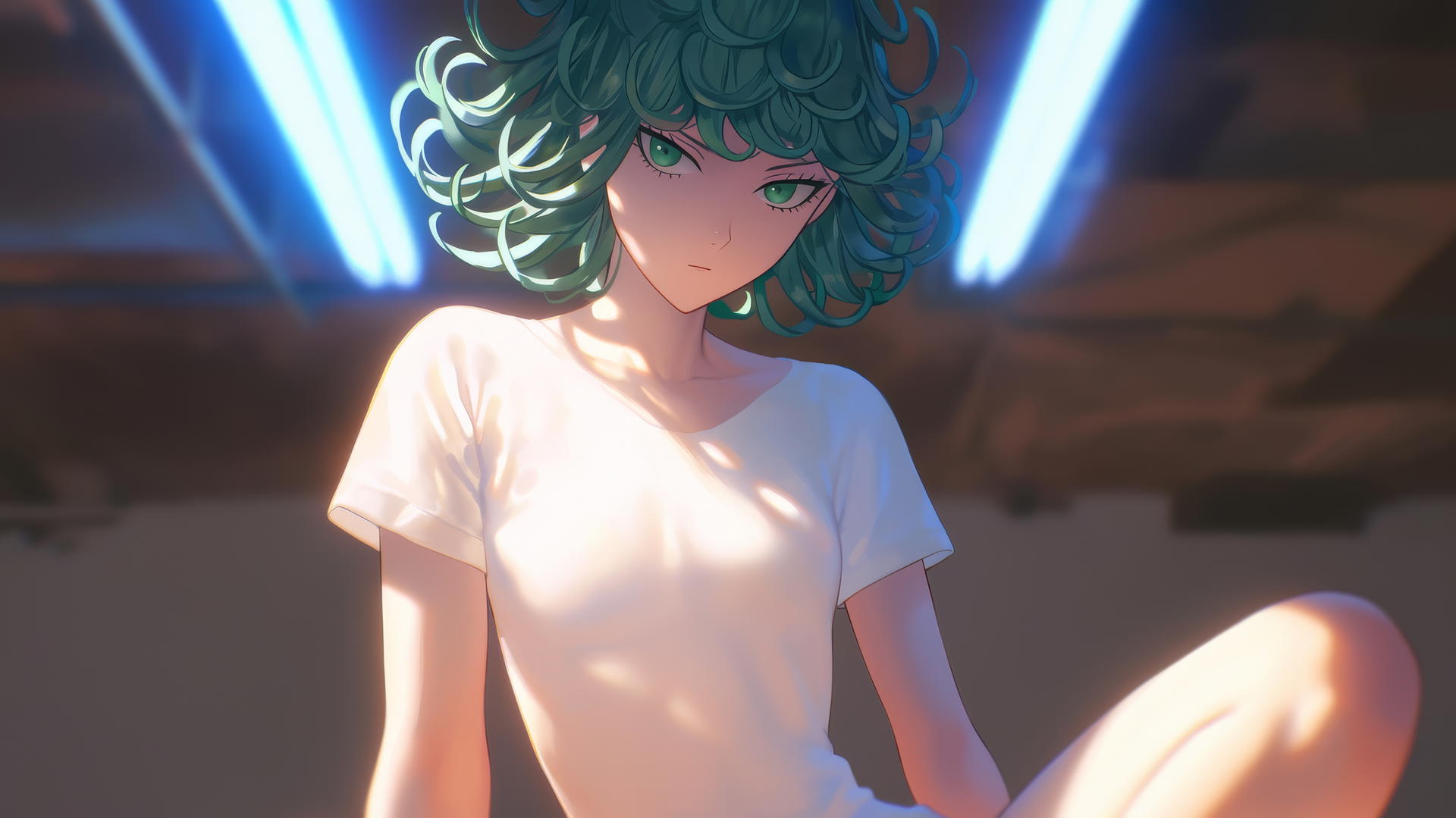 Tatsumaki from One-Punch Man kneeling and leaning forward with emerald green eyes and hair, seen from below.