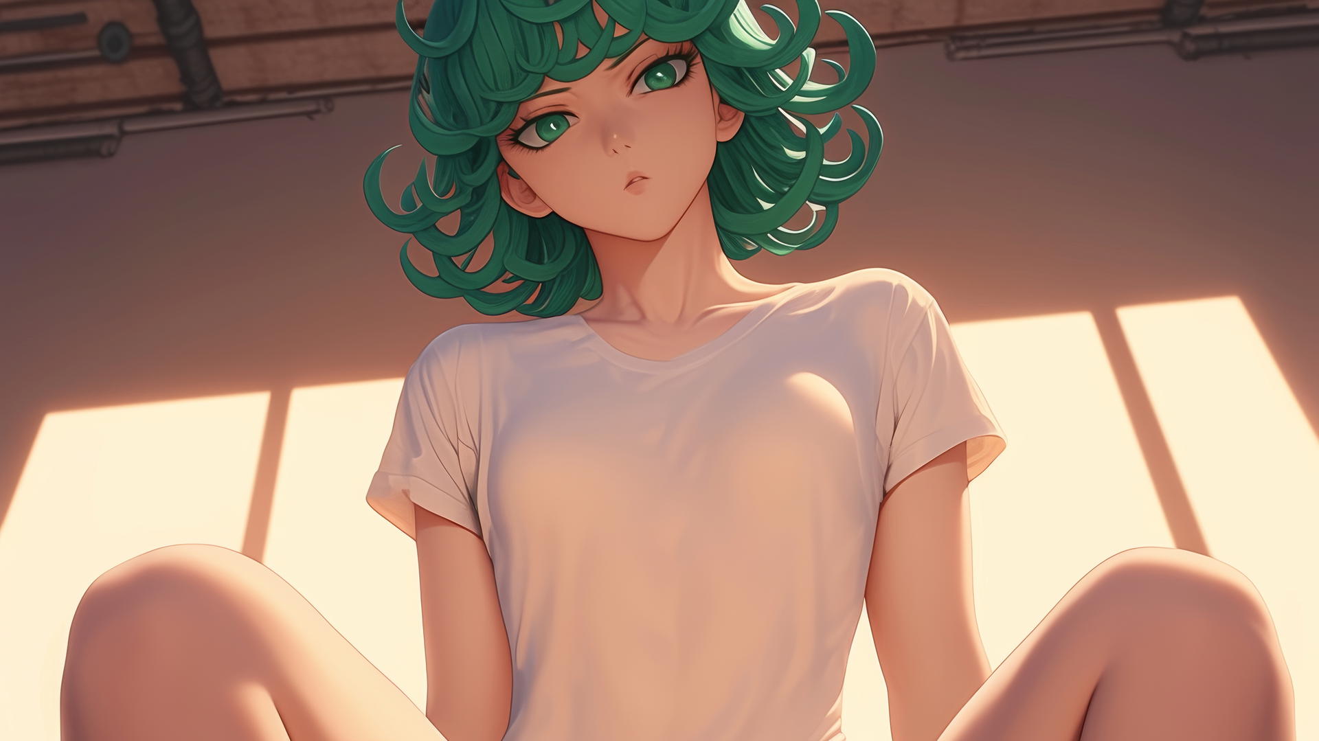 Tatsumaki kneeling, leaning with emerald hair and eyes, soft glow, ceiling background