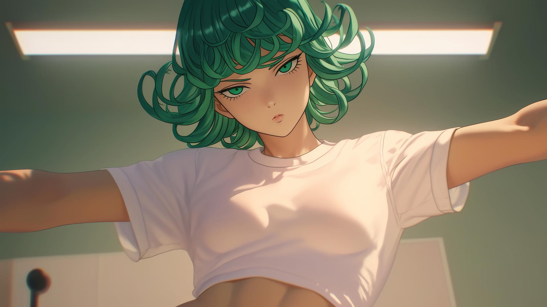 Anime character Tatsumaki kneeling, leaning, with green hair and emerald eyes, warm light.