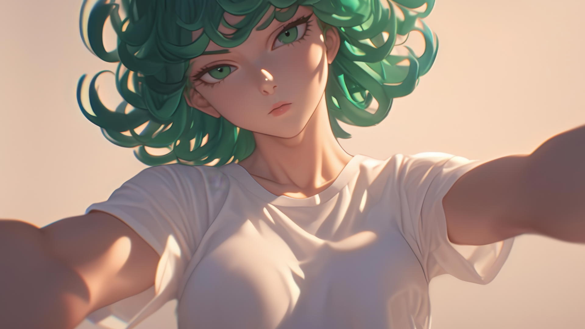 Tatsumaki from One-Punch Man kneeling and leaning forward, emerald green hair, warm light