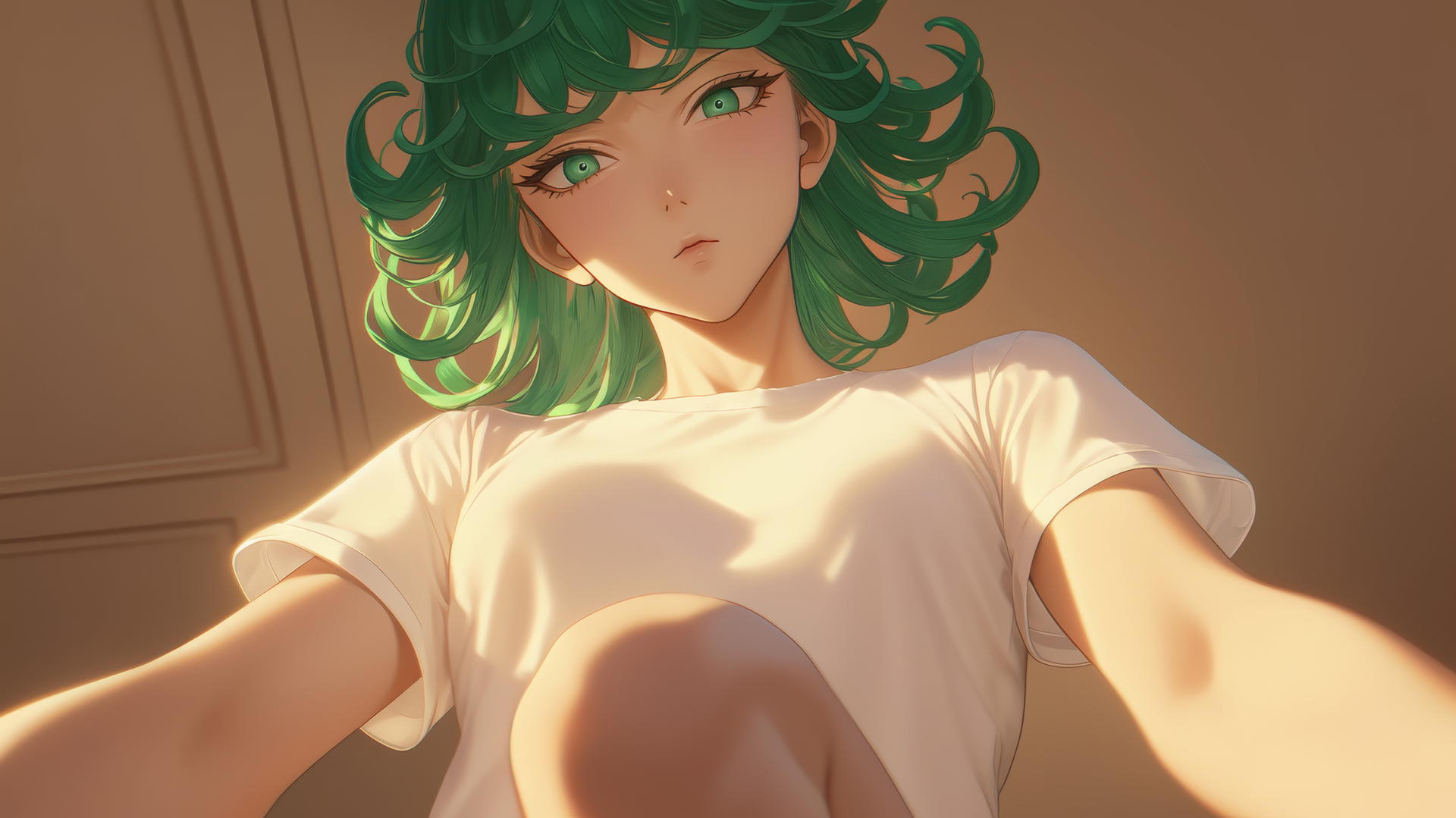 Tatsumaki kneeling, wearing a white t-shirt, emerald green eyes and hair, ceiling background