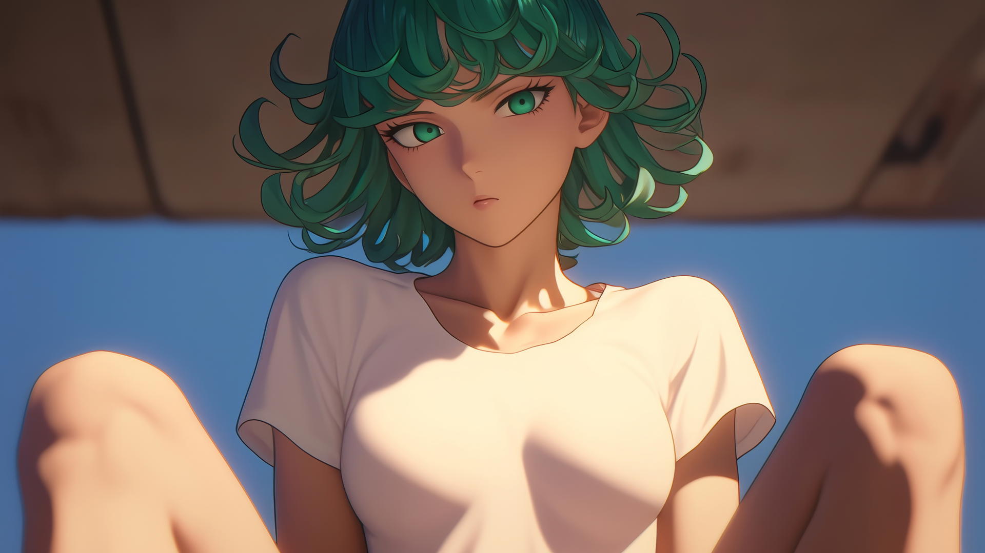 Tatsumaki from One-Punch Man in a white t-shirt, kneeling with emerald green hair and eyes.