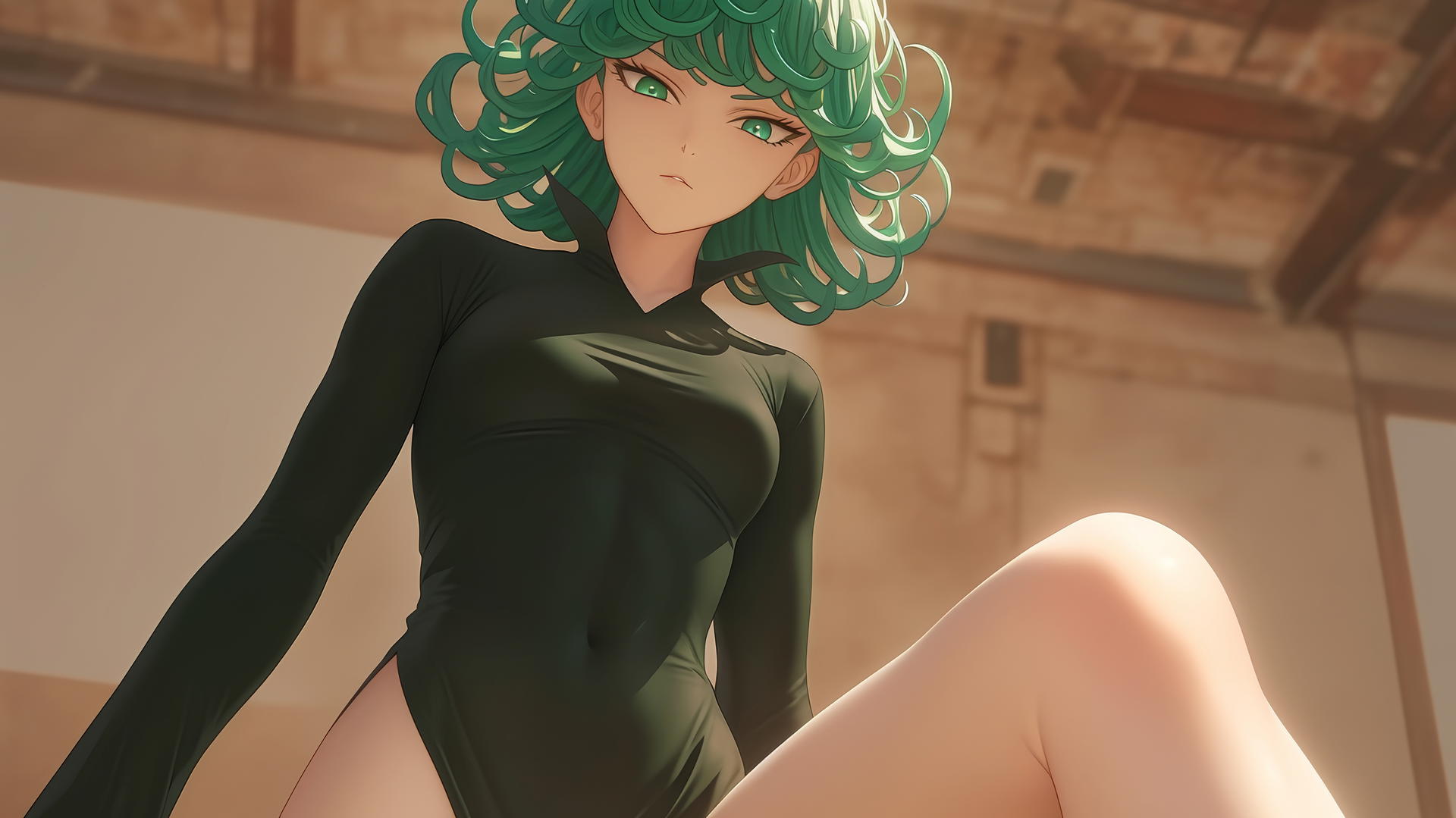Tatsumaki from One-Punch Man kneeling and leaning down with emerald green hair and eyes, ceiling background, warm light
