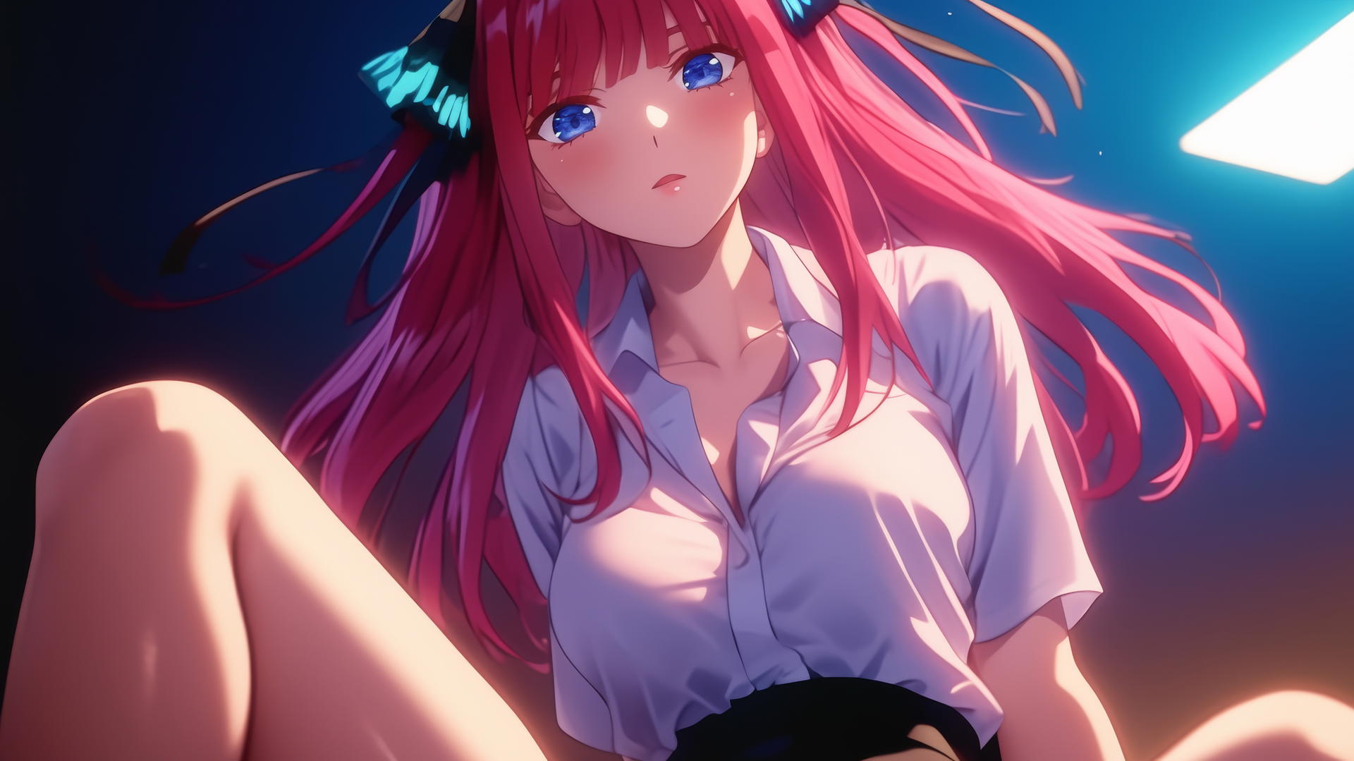 Nino Nakano kneeling in an office shirt, looking straight down with dark blue eyes and reddish pink hair.